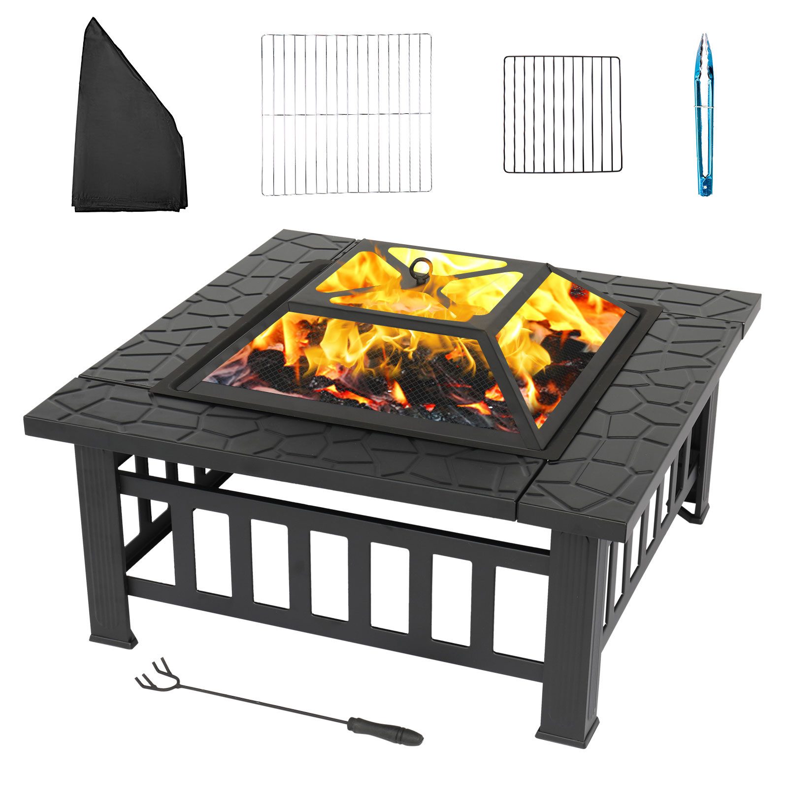 LALAHO Feuerschale 3 in 1 Feuerstelle mit Funkenschutz, Holzkohlegrill, Lagerfeuer Grill,82x82x52cm, 2-in-1 BBQ Grill, Feuerstelle für Garten