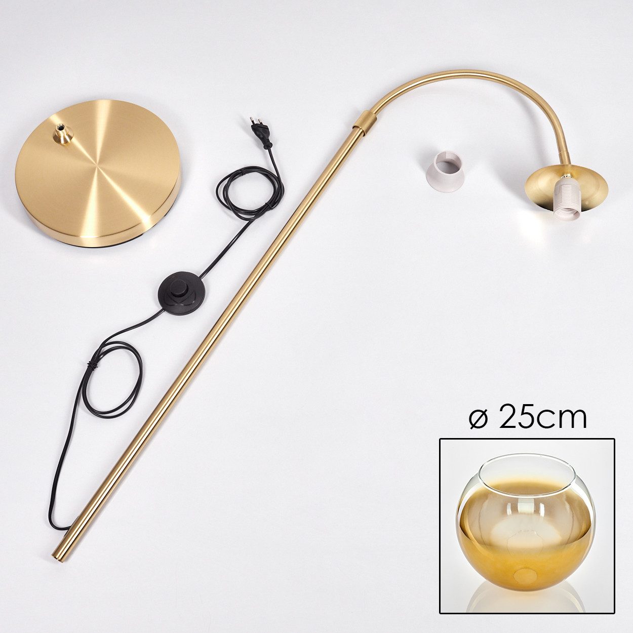 hofstein Bogenlampe Stehlampe aus Metall/Glas in Messing/Gold/Klar, ohne Leuchtmittel, mit Glasschirm (25 cm) u. Fußschalter, 1 x E27, ohne Leuchtmittel – Bild 5 von 5