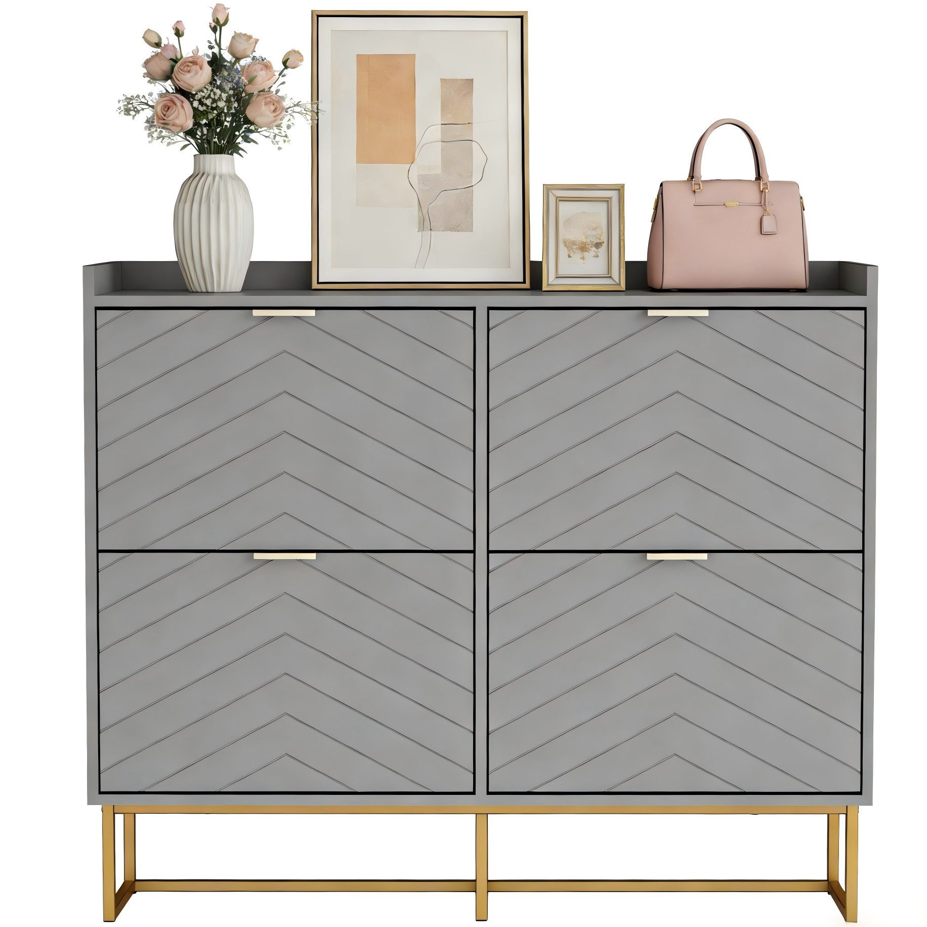 UEV Schuhschrank mit 4 Klappen, Schuhkipper Schmal, Schuhregal mit Metallfüße weiß (Packung, Modern Schuhaufbewahrung mit Oberplatte Schuhkommode mit Kippsicherung) trennwände verstellbar und abnehmbar für verschiedene Schuhtypen