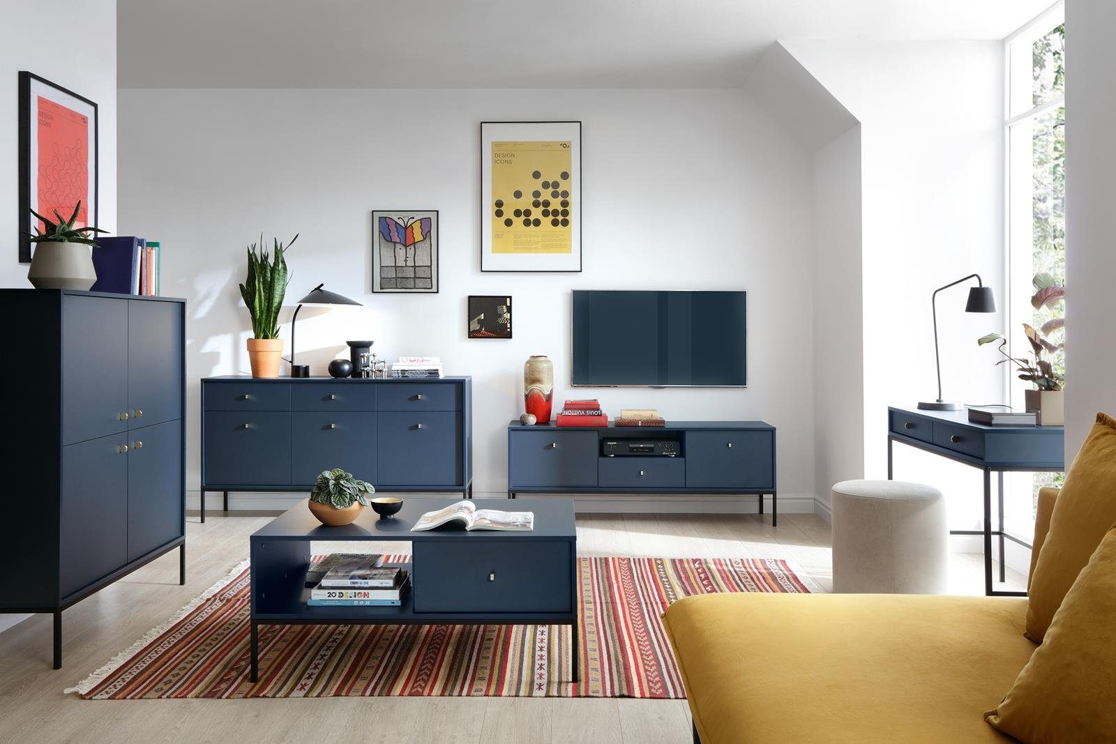Wohnzimmer, mit (modernes Metallgestell II Kommode für Marineblau Beautysofa mit 2x Monica Schubladen), zweitürig Schubkastenkommode