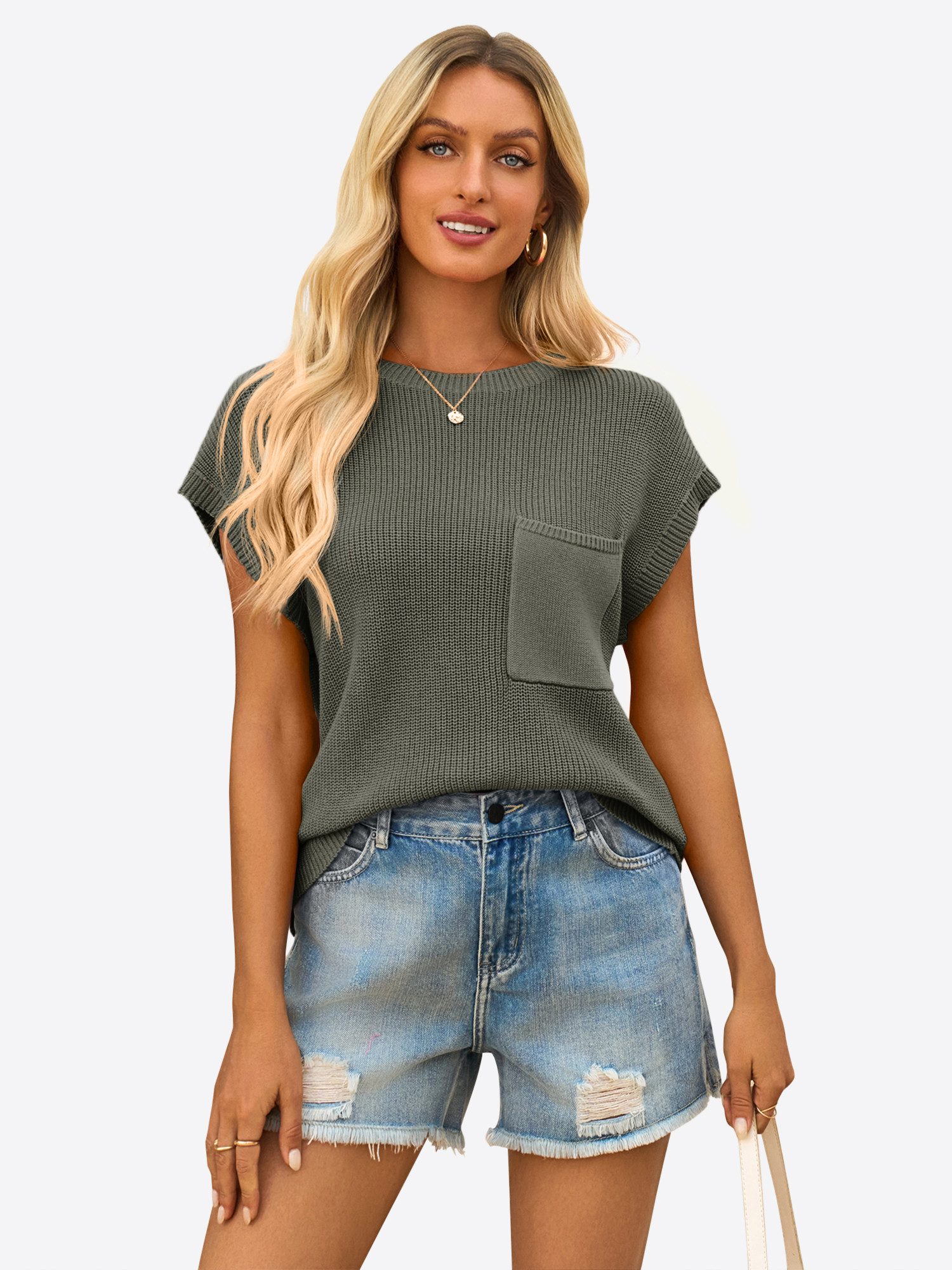 Imily Bela Kurzarmpullover Damen Trendige Pullover Tops aus Rippstrick (Packung, 1-tlg., 1per-Pack) einfarbig