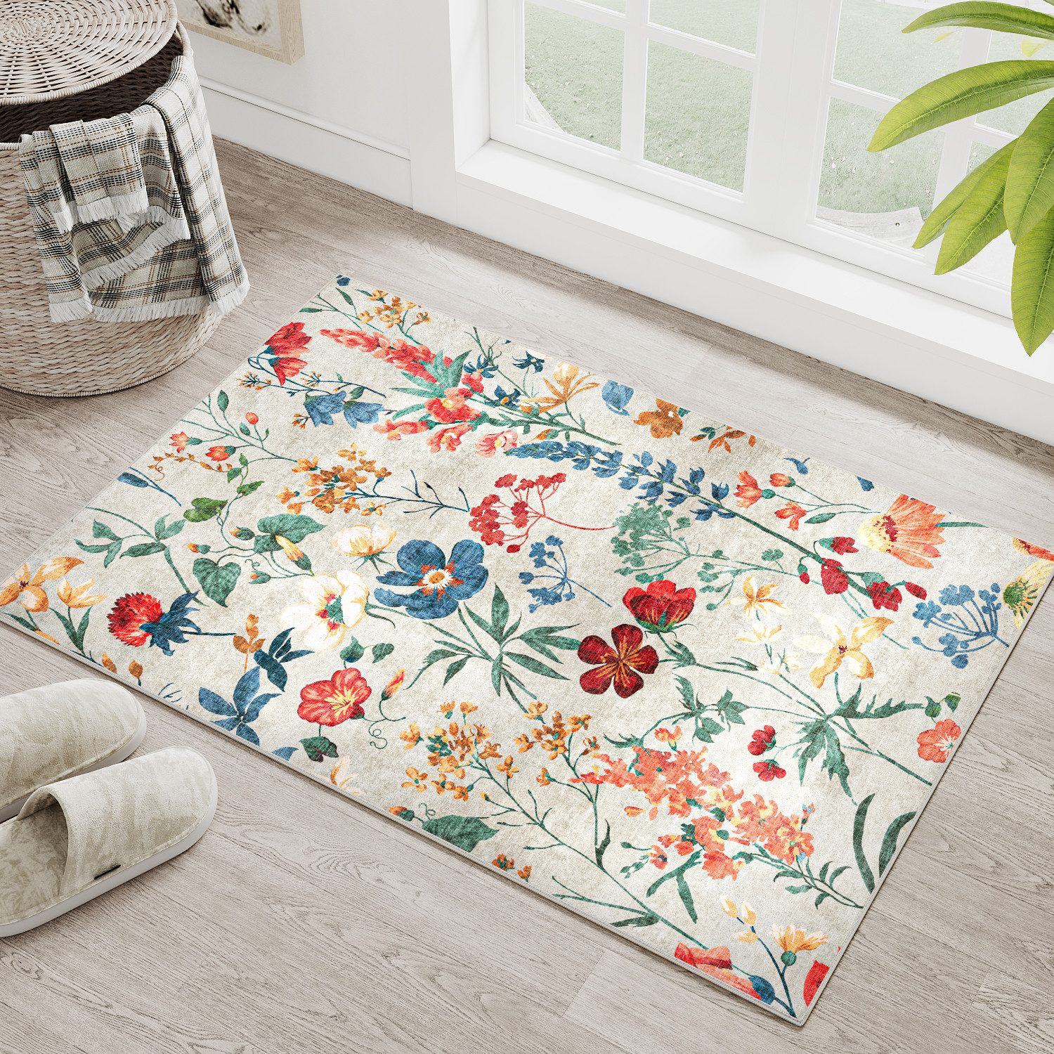 Ulife Teppich Wohnzimmerteppich, rutschfester Teppich, Blumenmuster Stil, rechteckig, geeignet für verschiedene Innenräume, 60x90cm