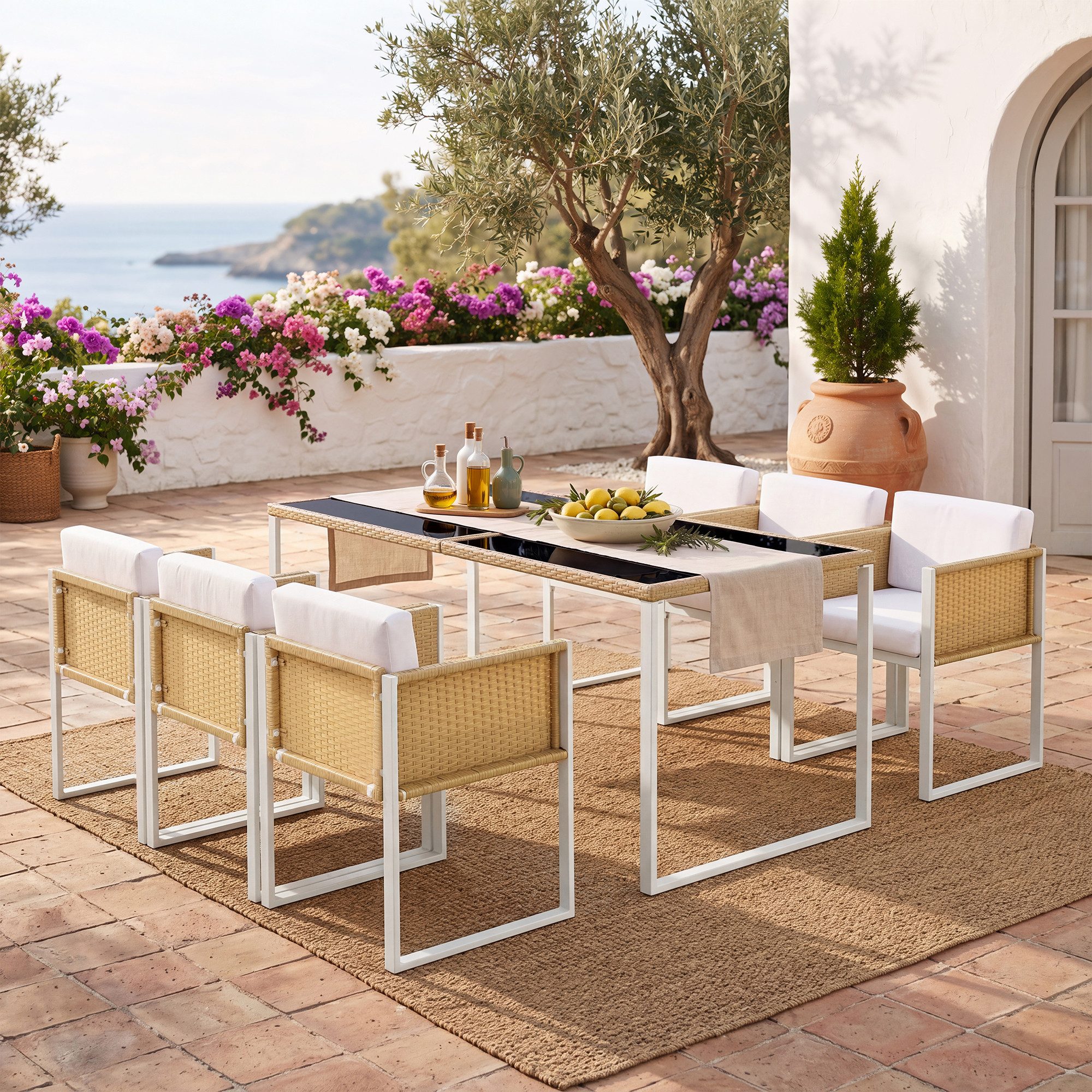 Flieks Garten-Essgruppe, Polyrattan Tisch- und Stuhlset Gartenmöbel Essgruppe Stuhl*6 & Tisch*1