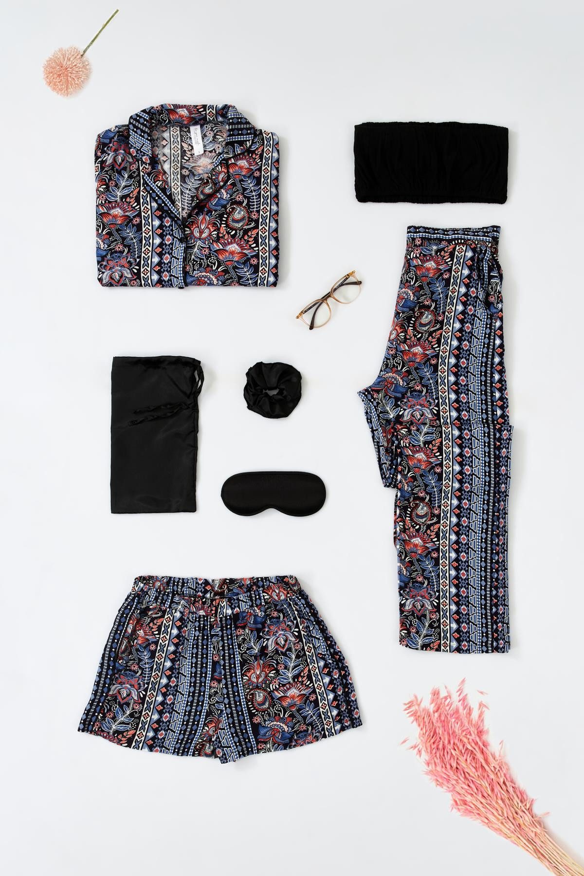 Pyjama 7-teiliges Viskose Ethno-Print Schwarzes Pyjama-Set