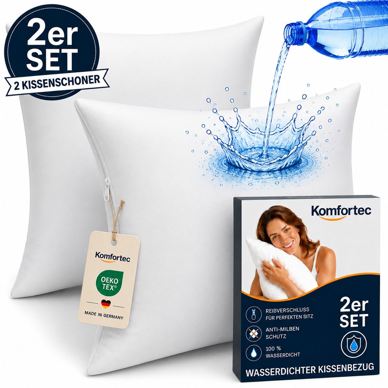 Komfortec Kissenbezüge Wasserdichter Kissenbezug Set, Hypoallergen Kopfkissenbezüge, (2 Stück), 45x45 cm mit Reißverschluss, Atmungsaktiv, Anti-Milben Kissenschoner