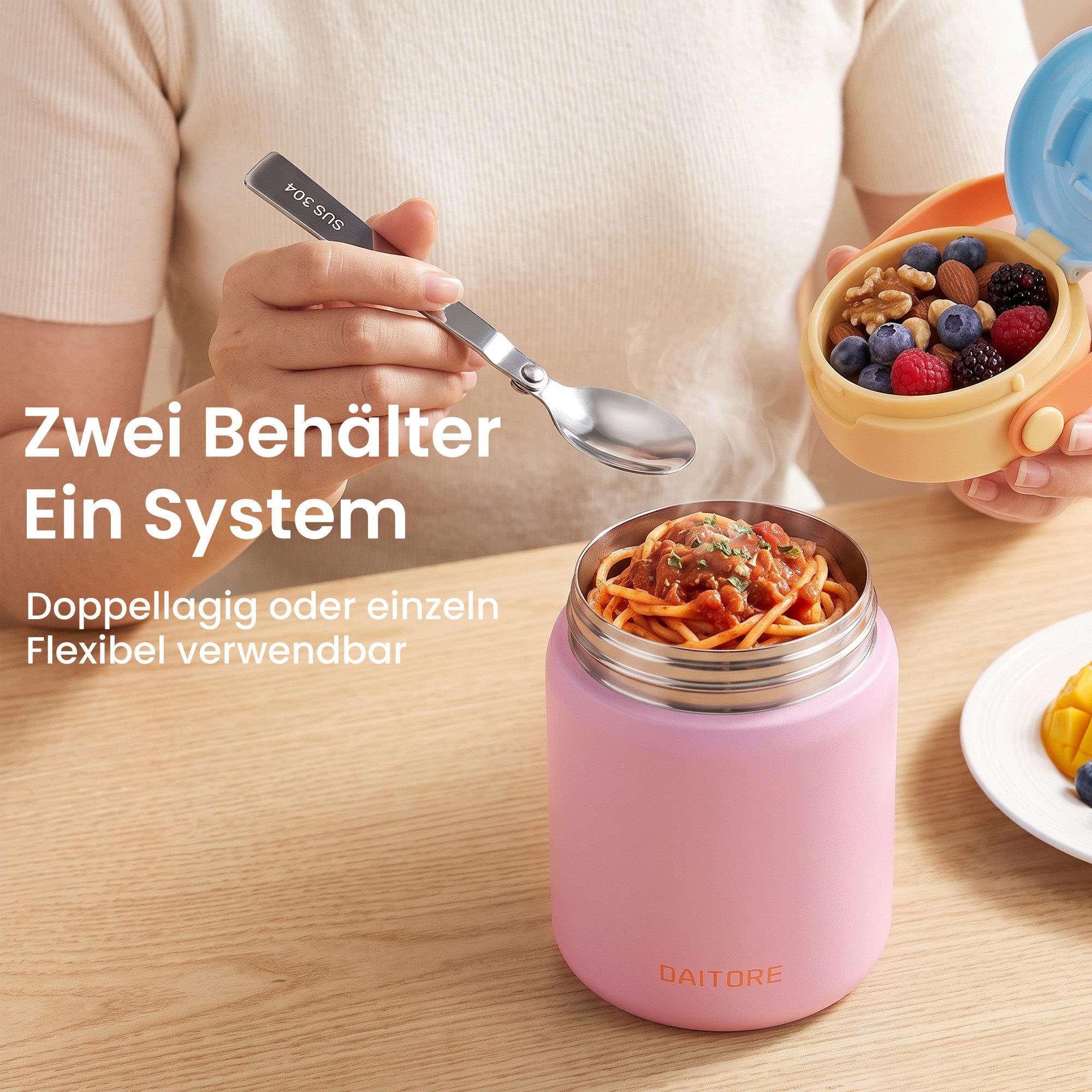 DAITORE Thermobehälter 480ml Thermobehälter Edelstahl 304 mit Löffel, auslaufsicher, (Geeignet für Büro, Schule, Reisen, Vielseitige Anwendung), 5h warm & 8h ka – Bild 2 von 5