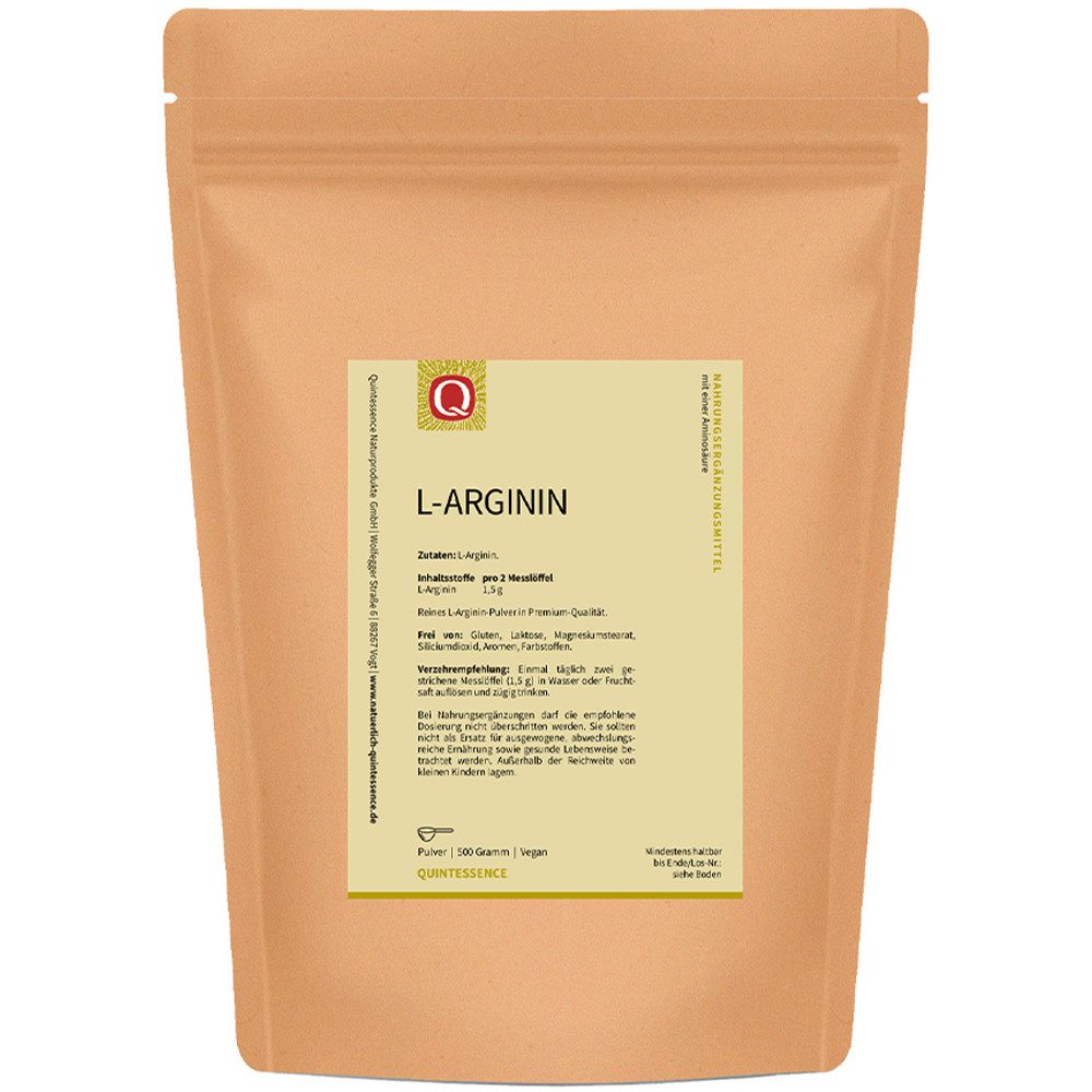 Quintessence L-Arginin – 100 % reines L-Arginin, Aminosäure ohne Zusätze - 500 g Pulver, 500 g, Hochwertige Premiumqualität - vegan - semi-essentielle Aminosäure