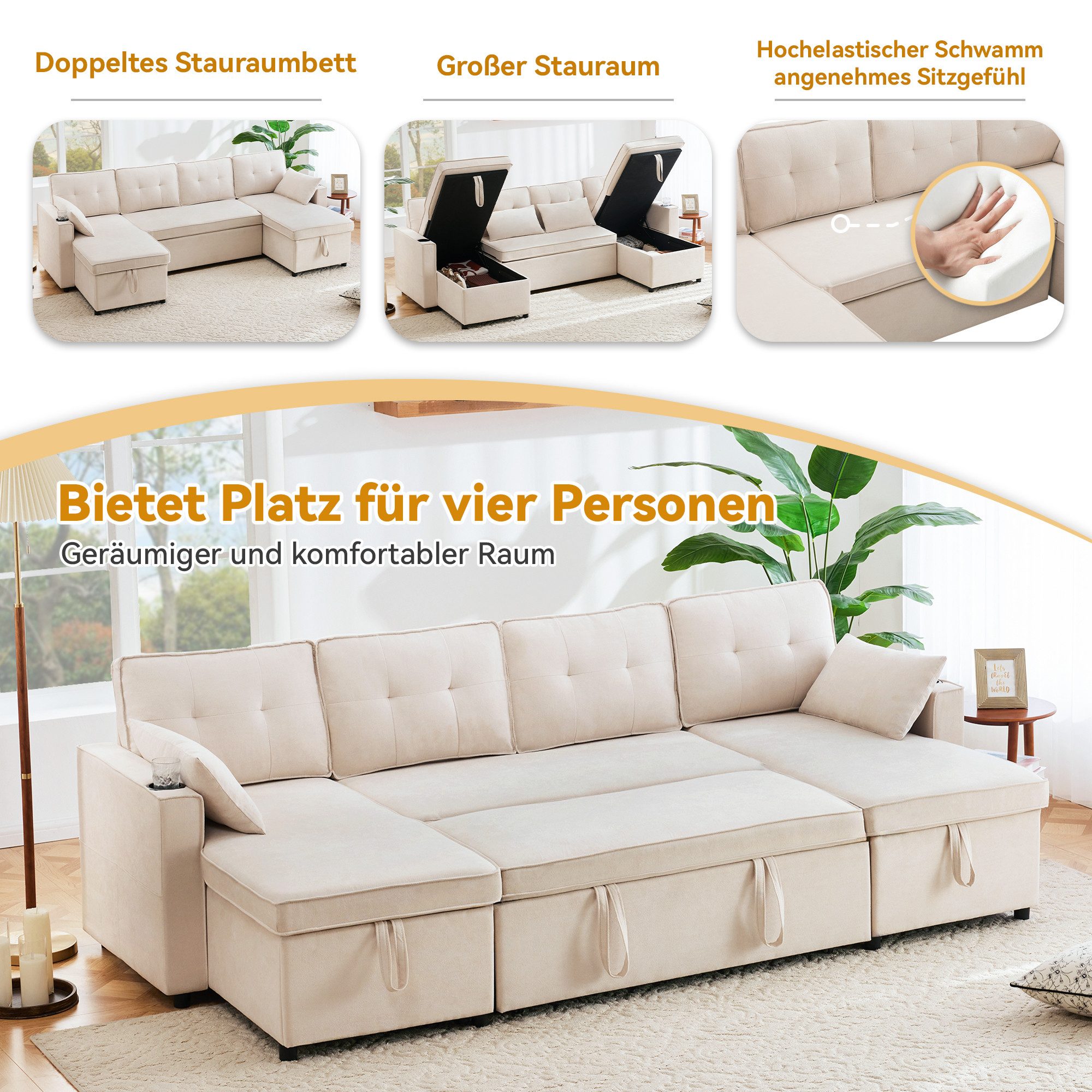 Merax Schlafsofa U-förmiges Sektionssofa aus Baumwoll- & Leinenstoff, 1 Teile, Sectional Couch Sofa mit Getränkehalter & Stauräumen, für Wohnzimmer