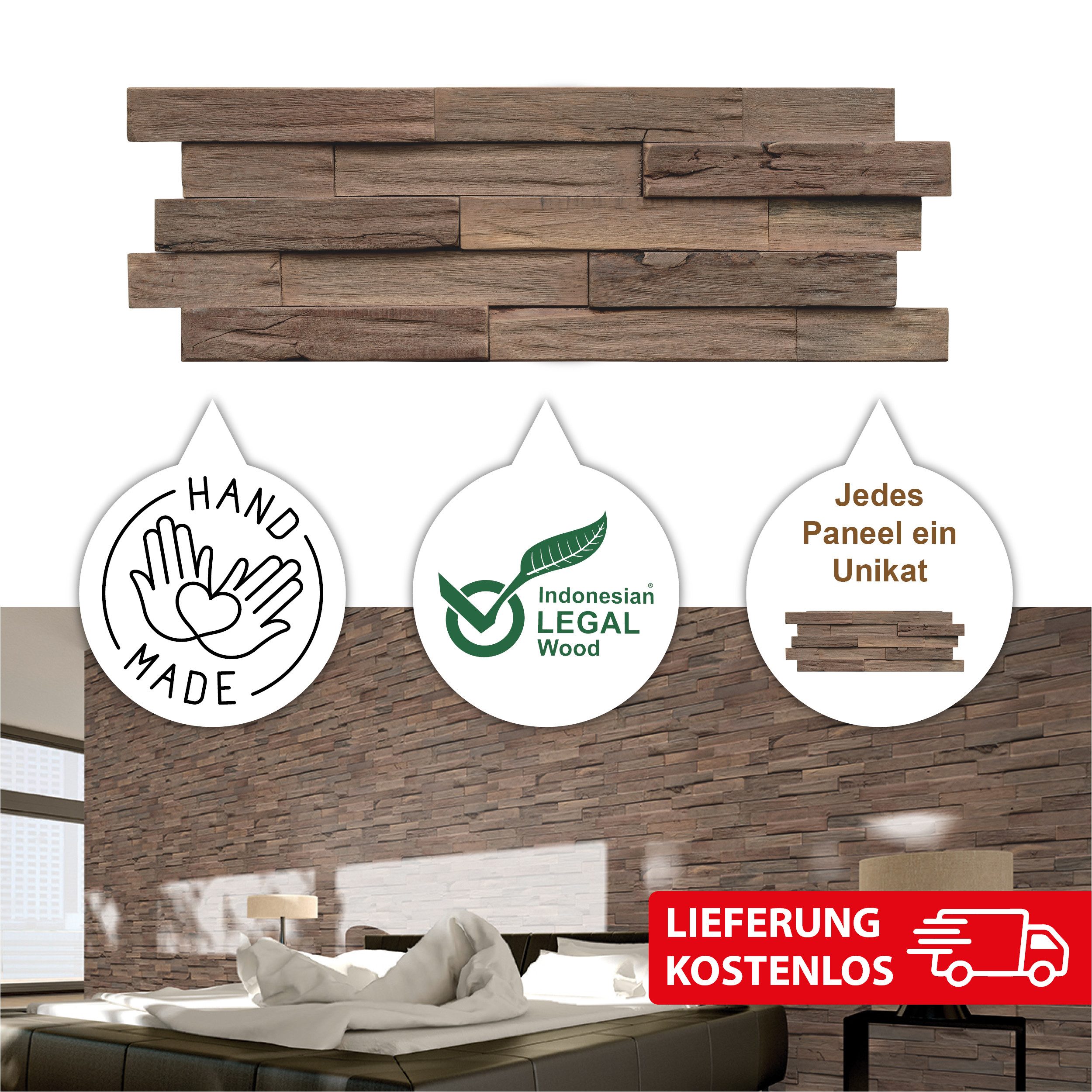 INDO 3D Wandpaneel Driftwood Hevea echte Altholz Wandverkleidung zum kleben, BxL: 20,00x56,00 cm, 0,11 qm, (Packung mit 1.01 qm, Versandkostenfreie Lieferung) s – Bild 2 von 5