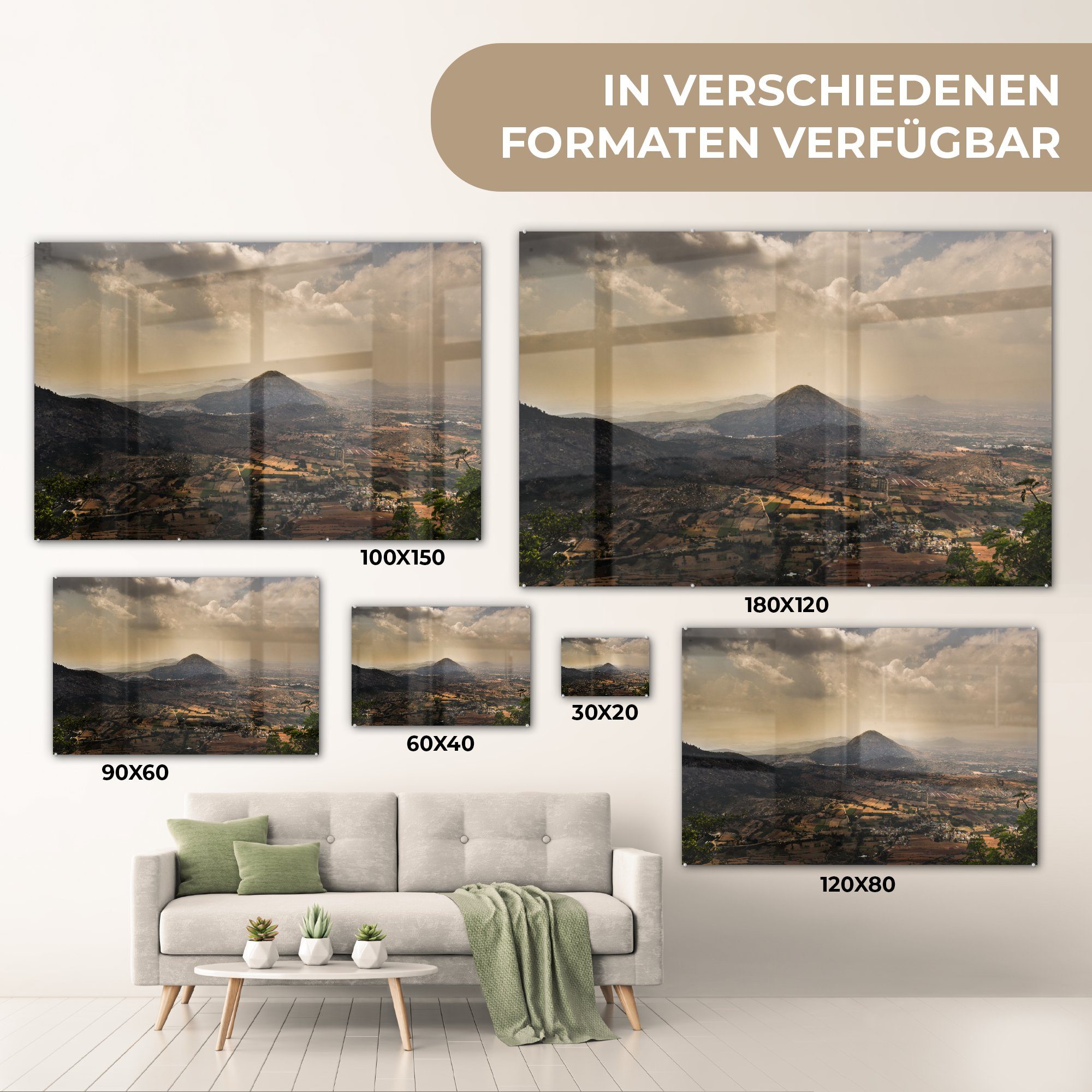 Berg Acrylglasbilder Schlafzimmer - (1 Wohnzimmer Acrylglasbild Sonne, & St), - MuchoWow Indien