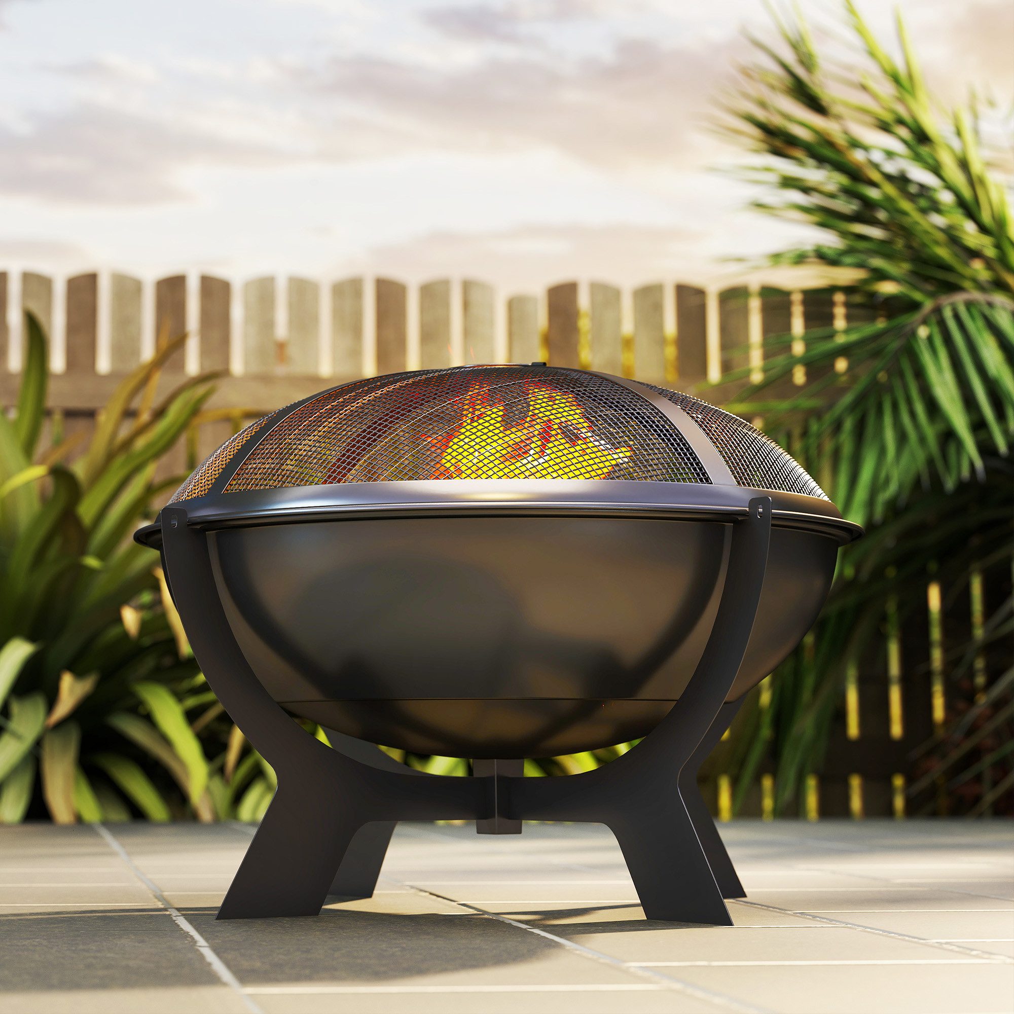 Outsunny Feuerschale Ø54 x 39 cm, mit Funkenschutz, Schürhaken, (Rund Feuerstelle, 1-St., Feuerschalen aus Metall), für Garten, Balkon Terrasse, Outdoor, Camping, Schwarz