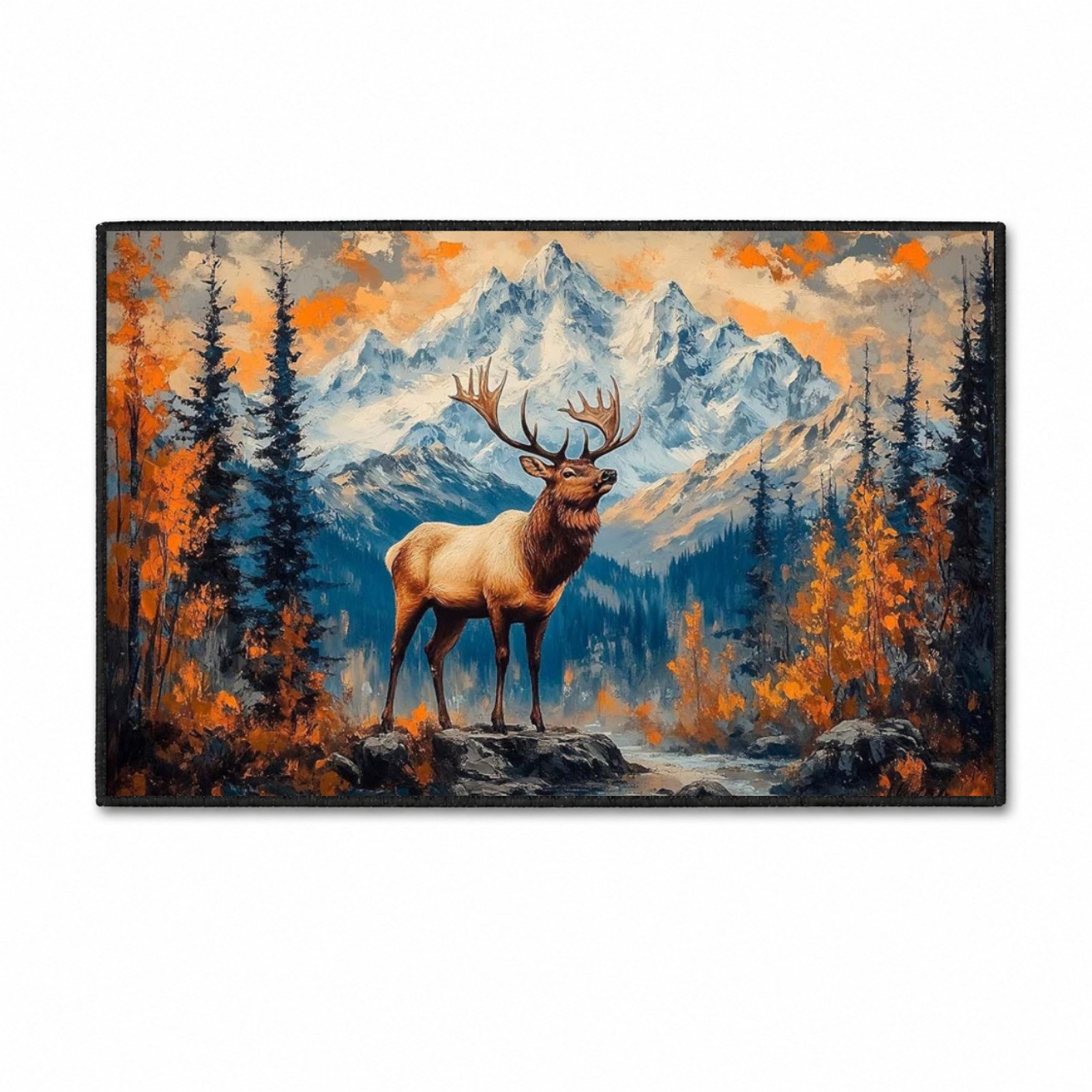 Jumpeak Teppich Elch Teppich Berg Wald Motiv, Natur Landschaft Kunstteppich, Rechteckig, Höhe: 5 mm, rutschfest Weicher Wohnzimmer Teppich für Innenräum