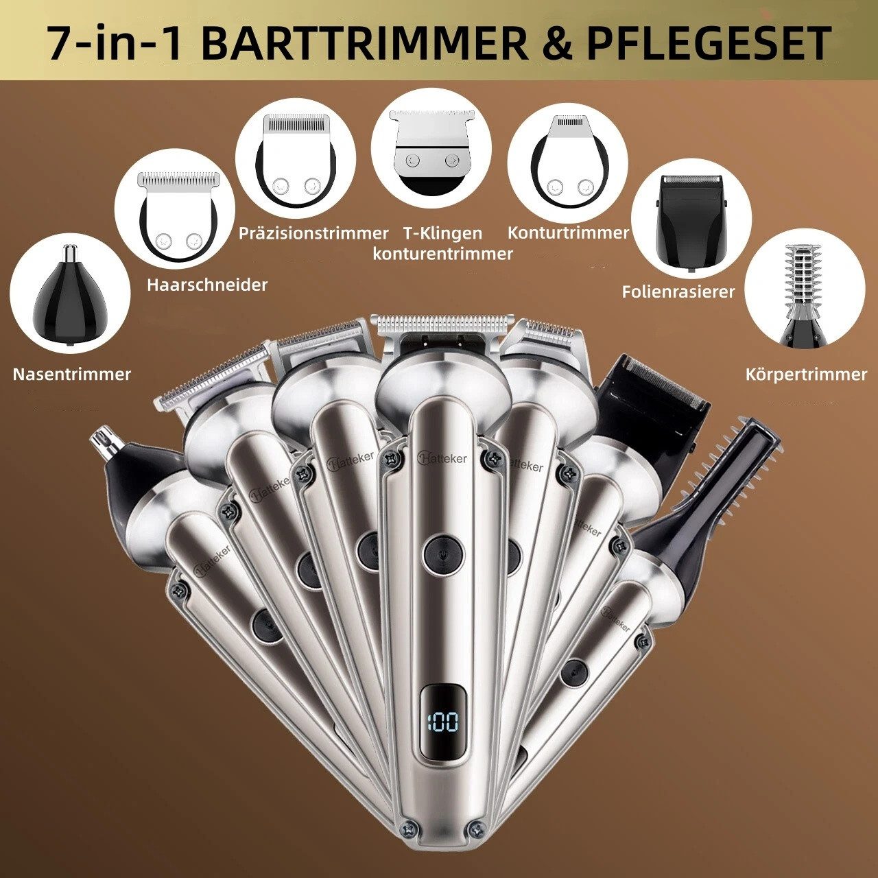 HATTEKER Haar- und Bartschneider HT-6178, Körperhaartrimmer, Einstellbare Geschwindigkeit, Wasserdicht, 7 in 1