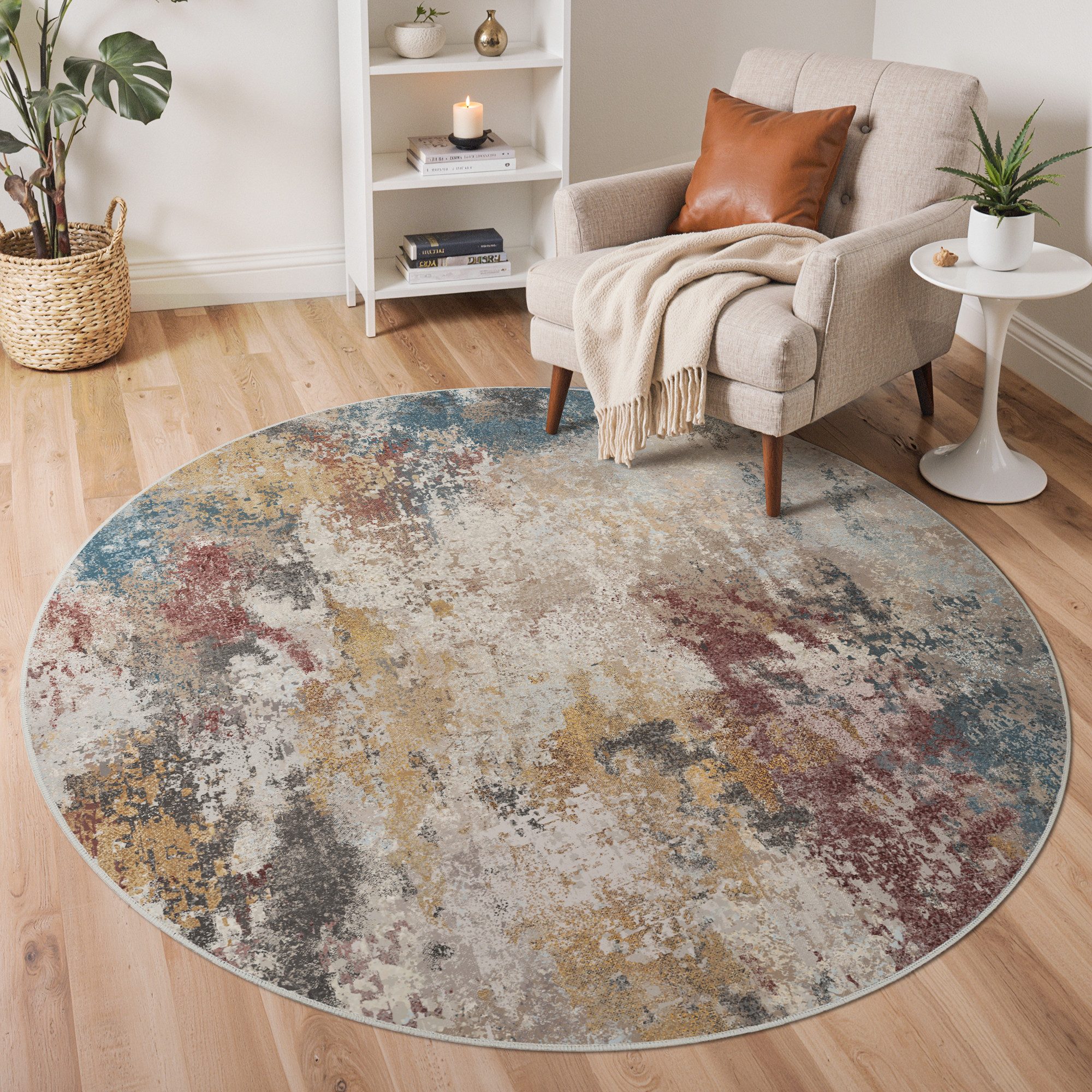 GENIMO Teppich Wohnzimmer Teppich, Boho Vintage, waschbar, rutschfest, rund, 120X120cm, mehrfarbig