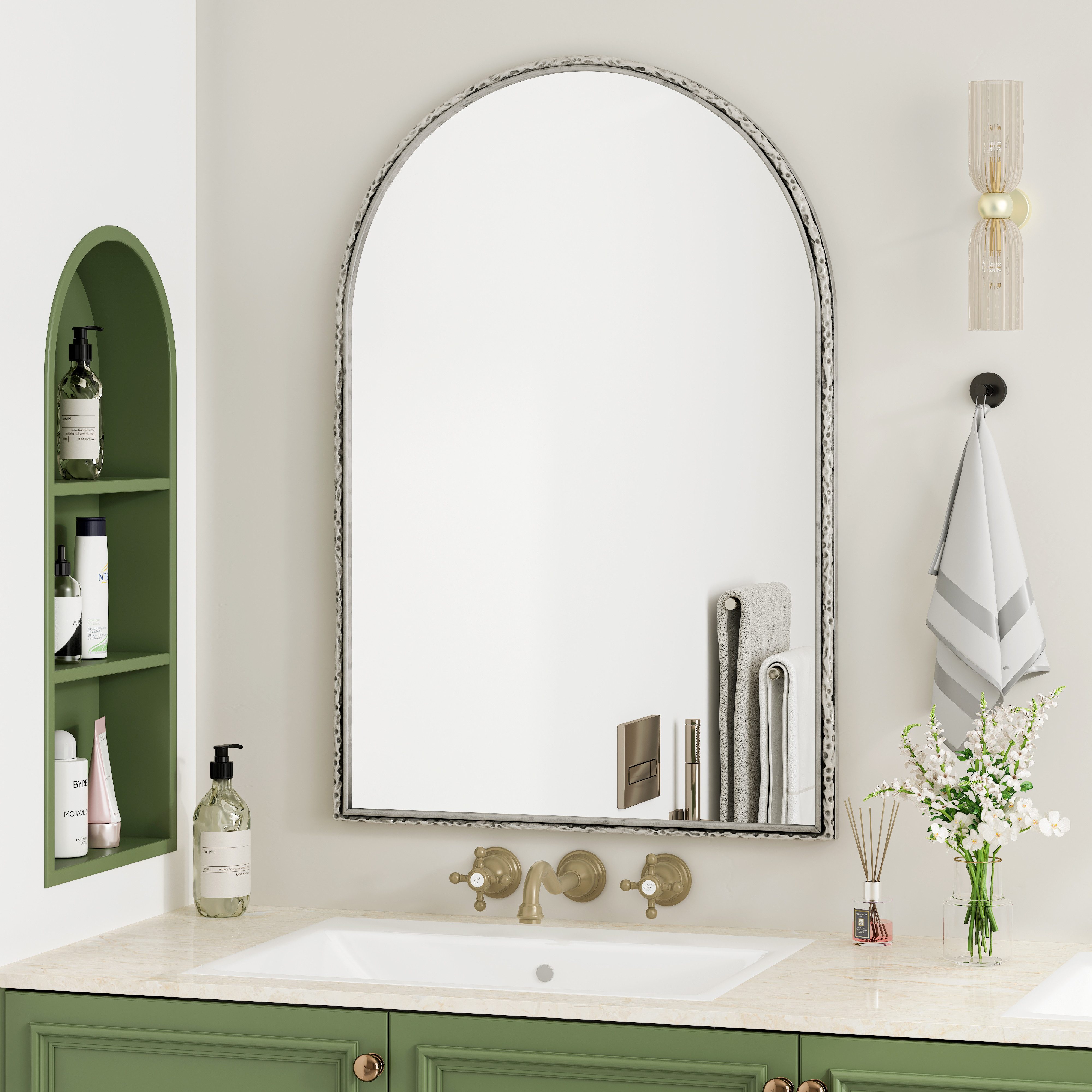 STILVORA Spiegel Bronzespiegel für Schminktisch,Bogenspiegel Metallrahmen,Wandbehang (Bogen-Wandspiegel für Badezimmer, Flur und Wohnzimmer – Robustes Design mit gehärtetem Glas, vielseitig als Schminkspiegel und Wanddekoration., 61*91cm)