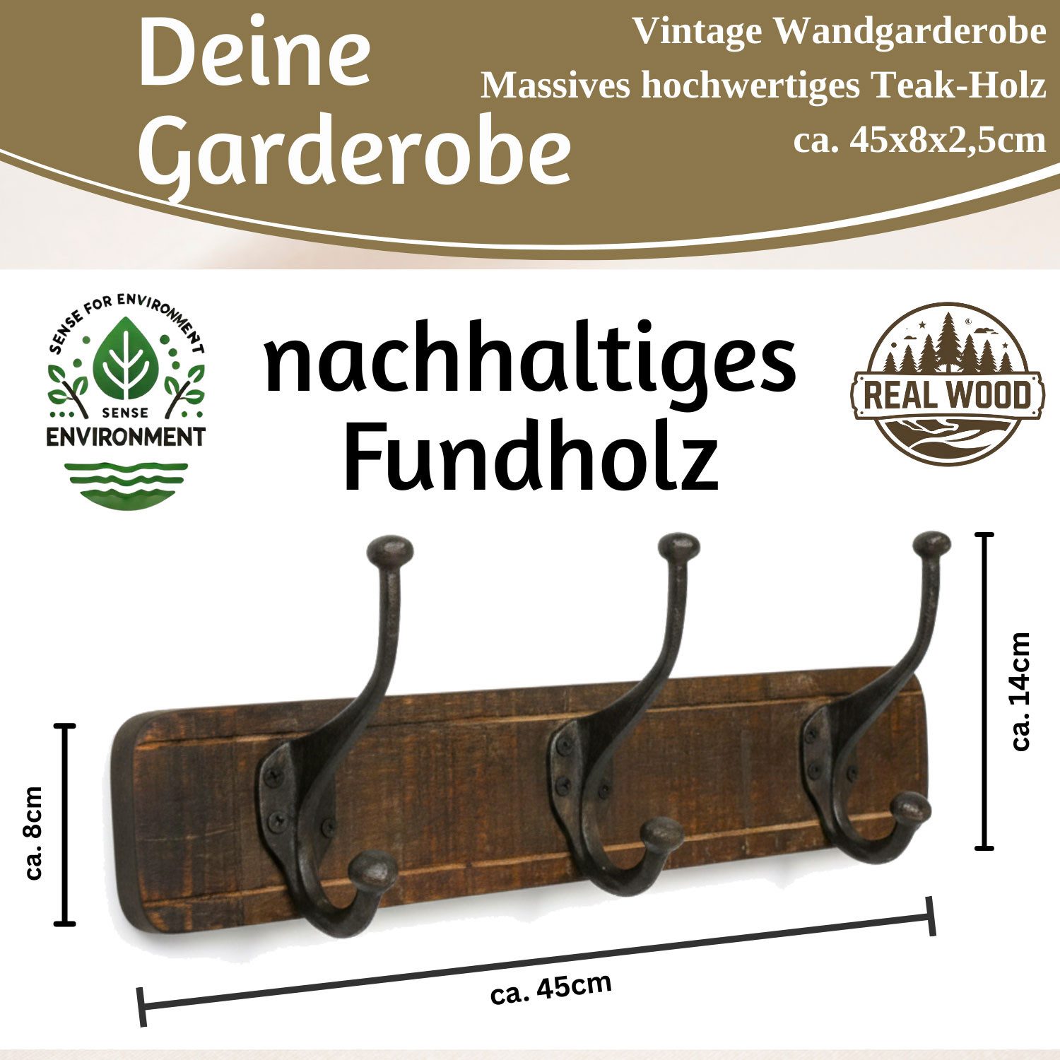 LS-LebenStil Wandgarderobe Vintage Teakholz Braun 45cm Garderobenleiste Garderobenhaken Garderobe (Nachhaltige Wandgarderobe 3 Haken 3-fach Doppelhaken -, Stabile Gusseisen Kleiderhaken Hakenleiste Mäntel Jacken)