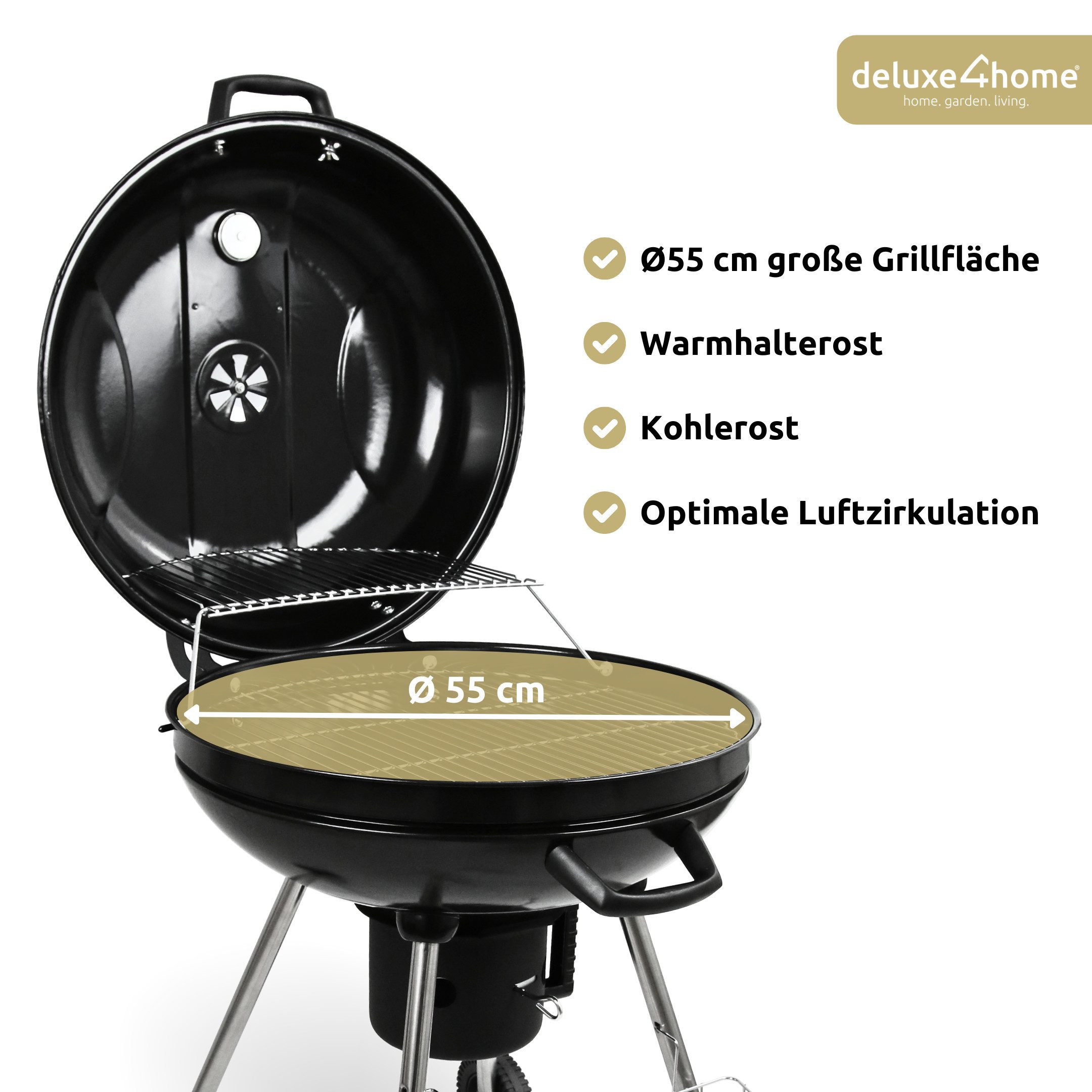 deluxe4home Holzkohlegrill Kugelgrill Ø55 cm I Großer Rollbarer BBQ Grill Kohlegrill, inkl. Grillhandschuh, Aschebehälter, Thermometer