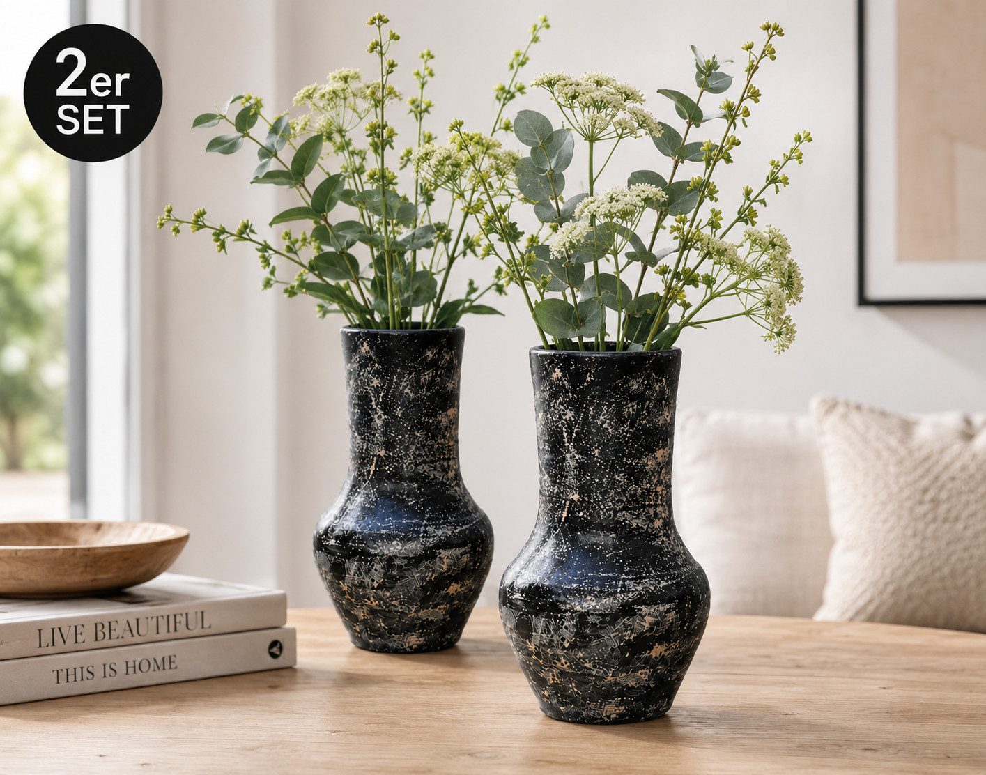 RAIKOU Dekovase Keramikvase 21 cm Vintage Deko Vase aus Steingut Pampasgras (Set, 2 St., 2 Zwige), handgefertiagt