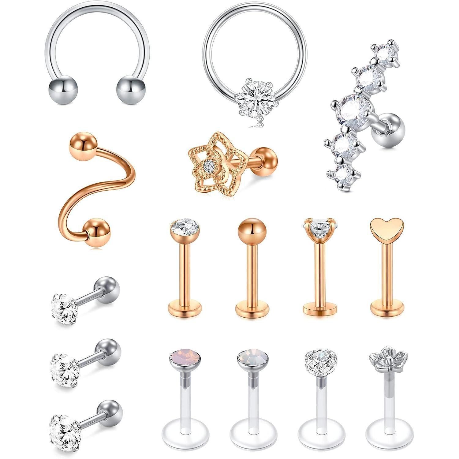 Piercing-Set Ohrpiercing Helix Tragus Chirurgenstahl 16G 16stk Silber Rosegold Set