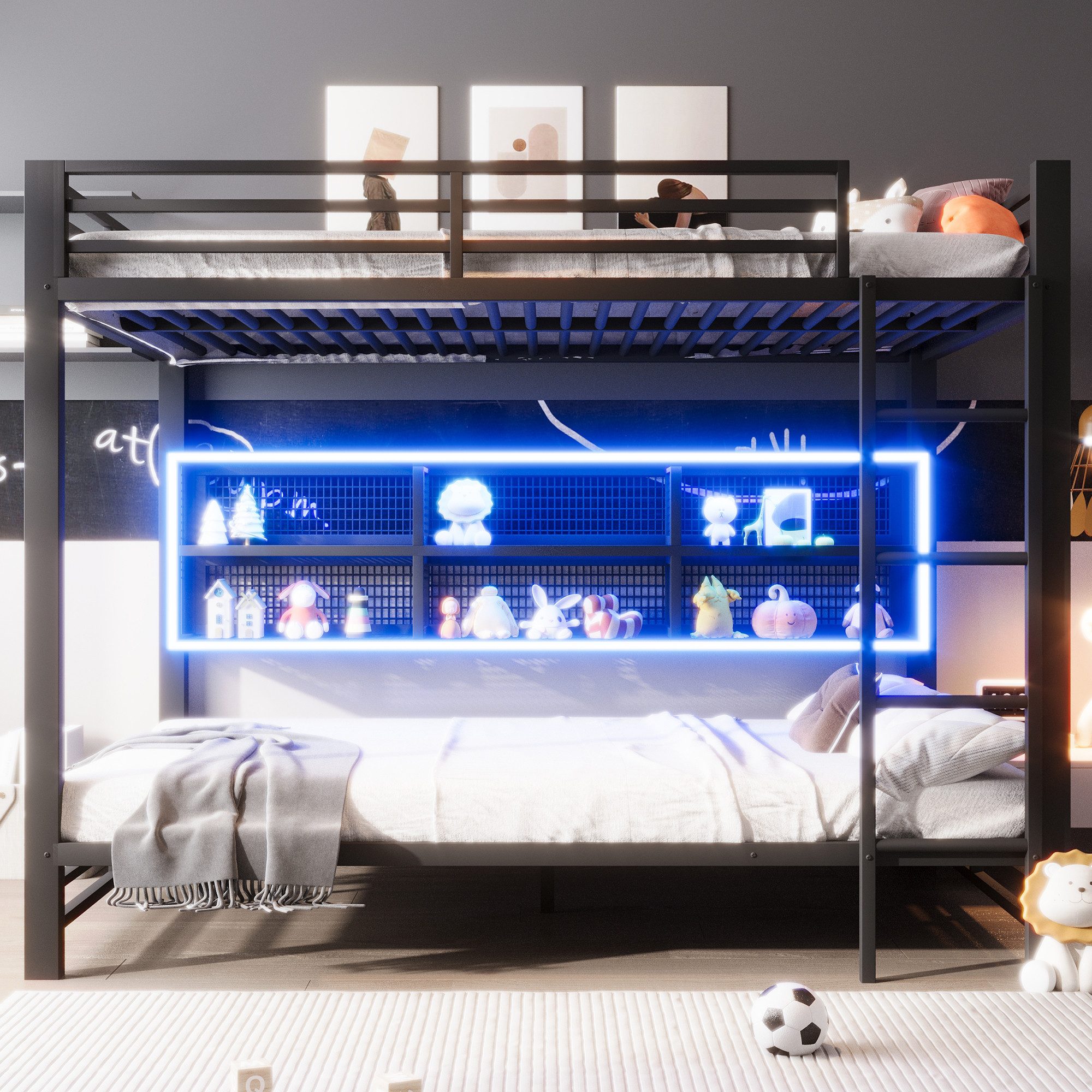 Merax Etagenbett 140x200cm mit LED-Beleuchtung (204 x 146 x 160 cm, 1-St., Jugendbett Stockbett Doppelbett), Metallbett Kinderbett mit 6 Stauraumschränken, Leiter, Zaun & Stauraum