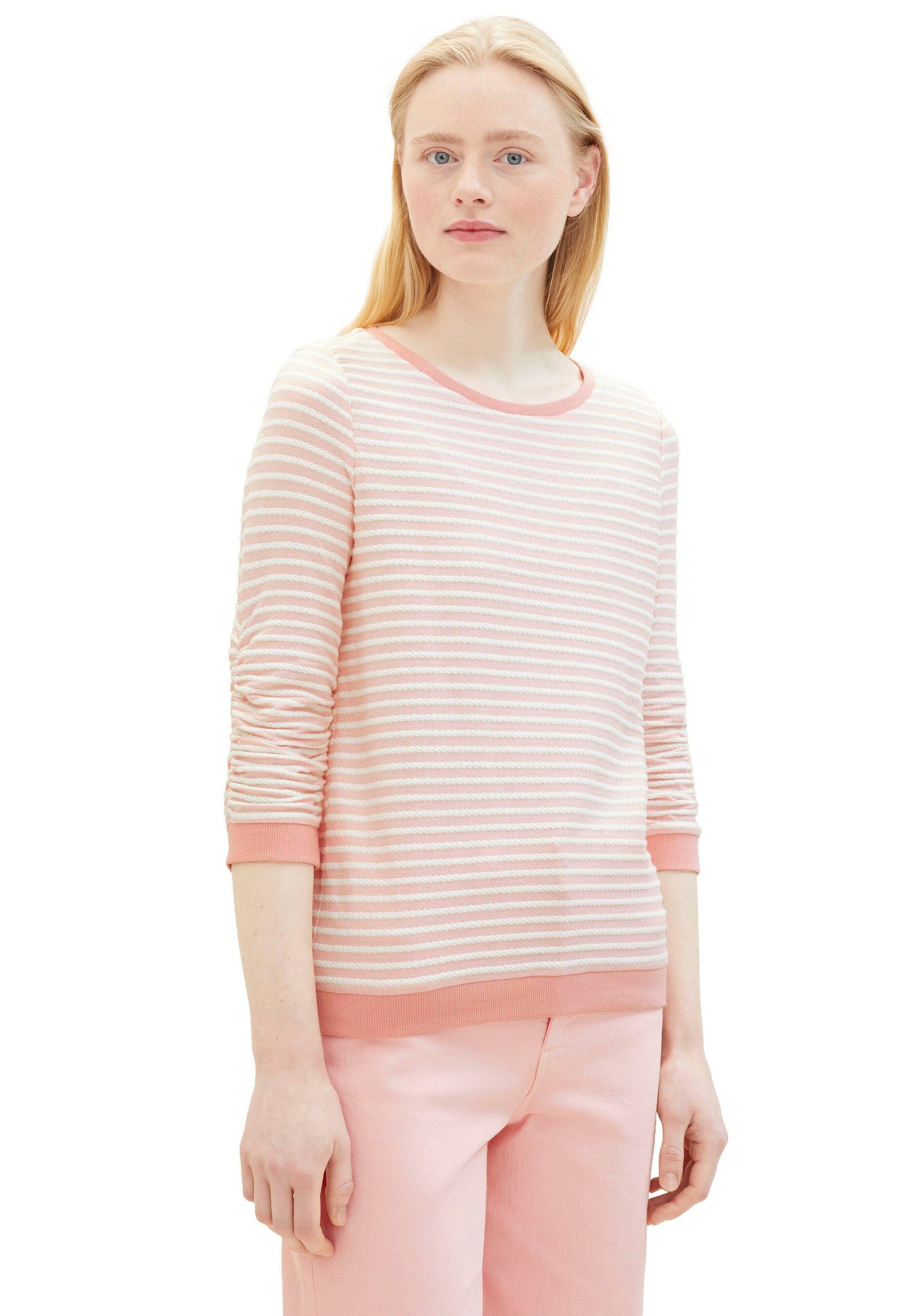 TOM TAILOR Denim Sweatshirt mit gestreifter Optik und mit gerafften Ärmeln günstig online kaufen