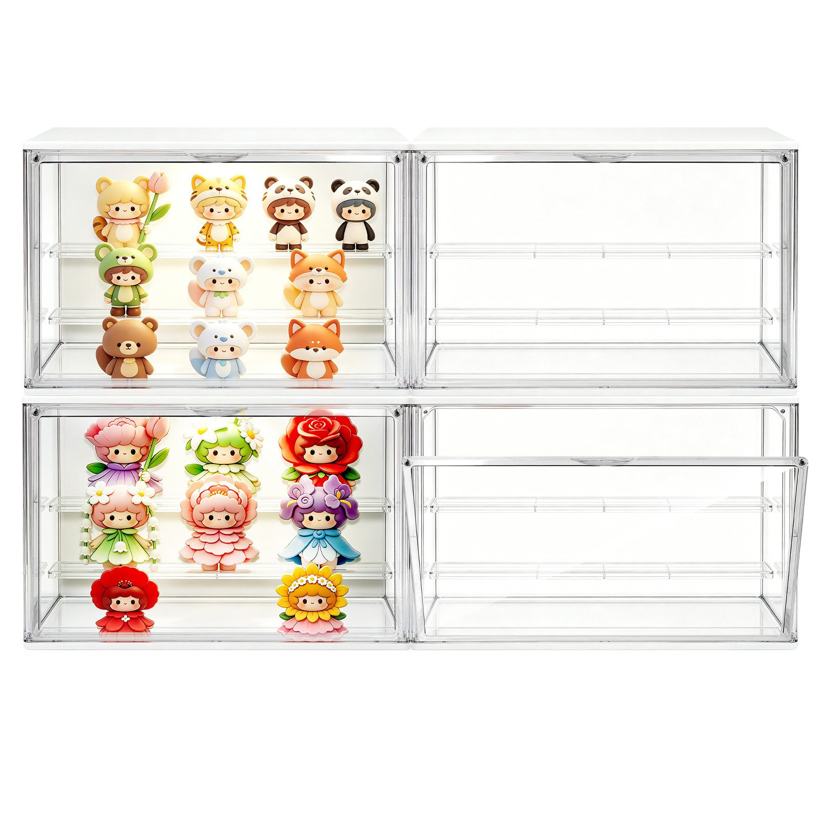 XERSEK Aufbewahrungsbox 3 Ebenen LED Vitrine Displaybox mit Steckboden & Magnettür Organizer (Set, 4 St., 36×22×18cm Stapelfähig), für Figuren/Spielzeug/Blind Box/Modellautos/Sammelfiguren