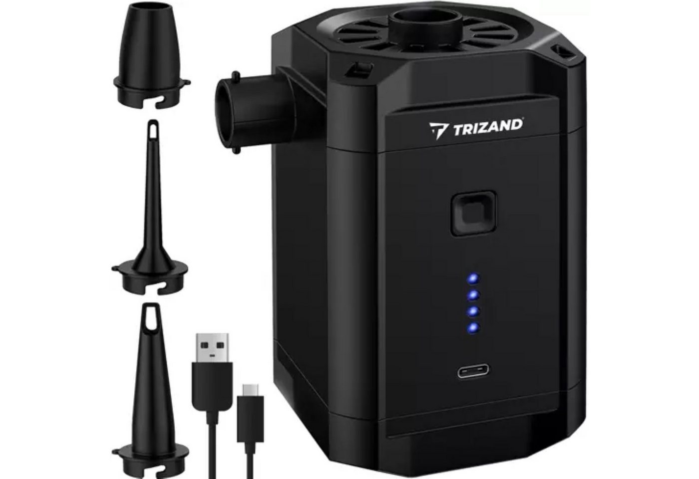 Trizand Akku-Luftpumpe Akku-Luftpumpe für Matratzen, Bälle, Pools ideal für Unterwegs (Akku-Luftpumpe, Akku-Luftpumpe mit verschiedene Aufsätzen), Vielseitigkeit mit 3 Spitzen, kabelloser Betrieb, Zwei-in-Eins-Funktio
