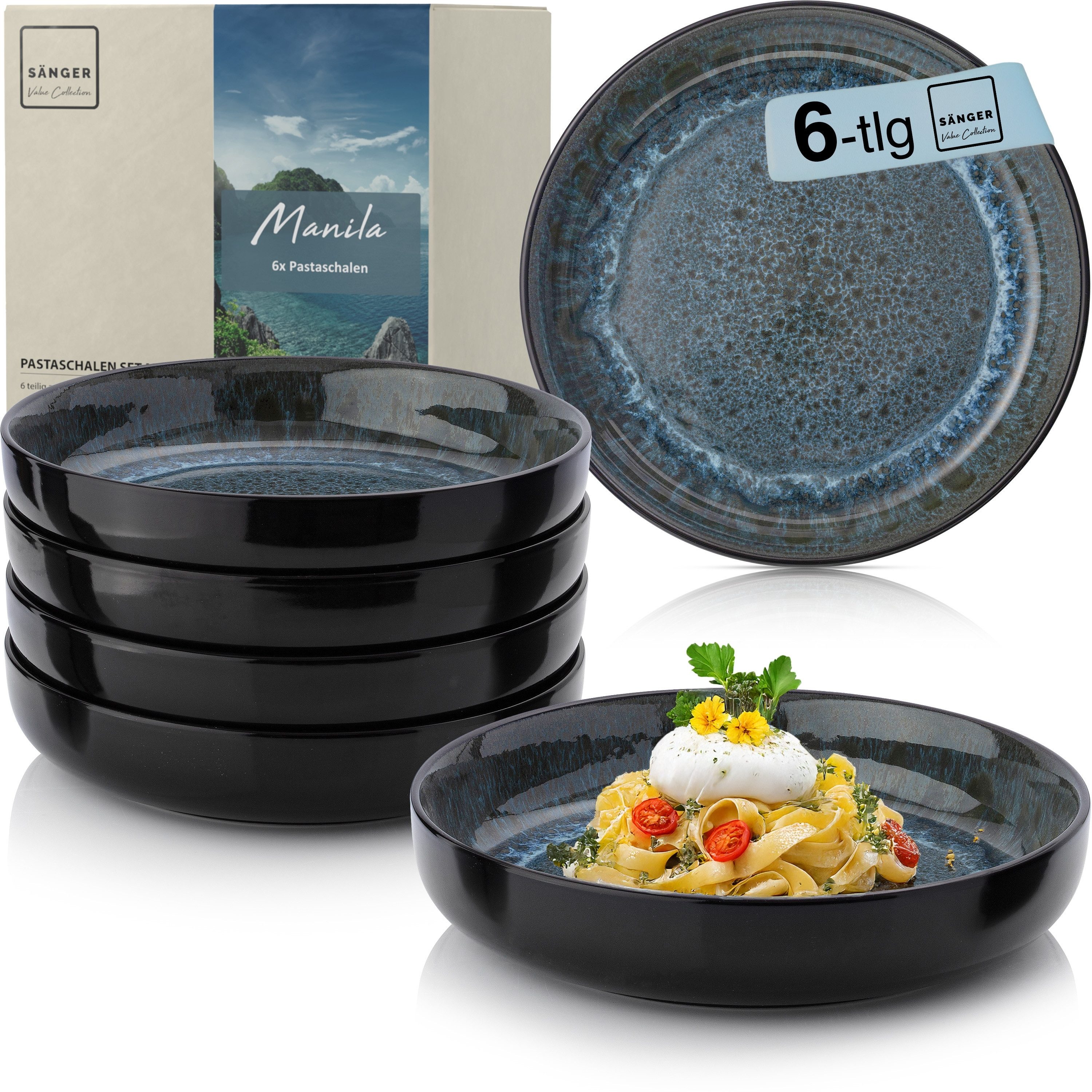 SÄNGER Teller Set Manila, (6 St), Pastaschalen Set, Steingut, Handmade, Blau-Schwarz, VALUE COLLECTION