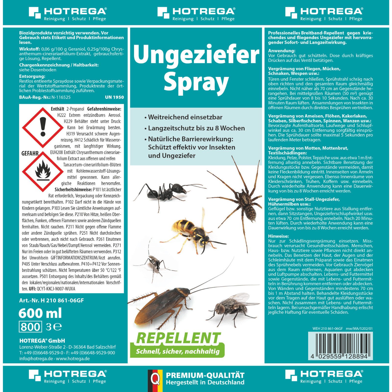 HOTREGA® Vergrämungsmittel Ungeziefer-Spray REPELLENT 600 ml, Insektenspray, geruchsarm & sicher, 0.6 l