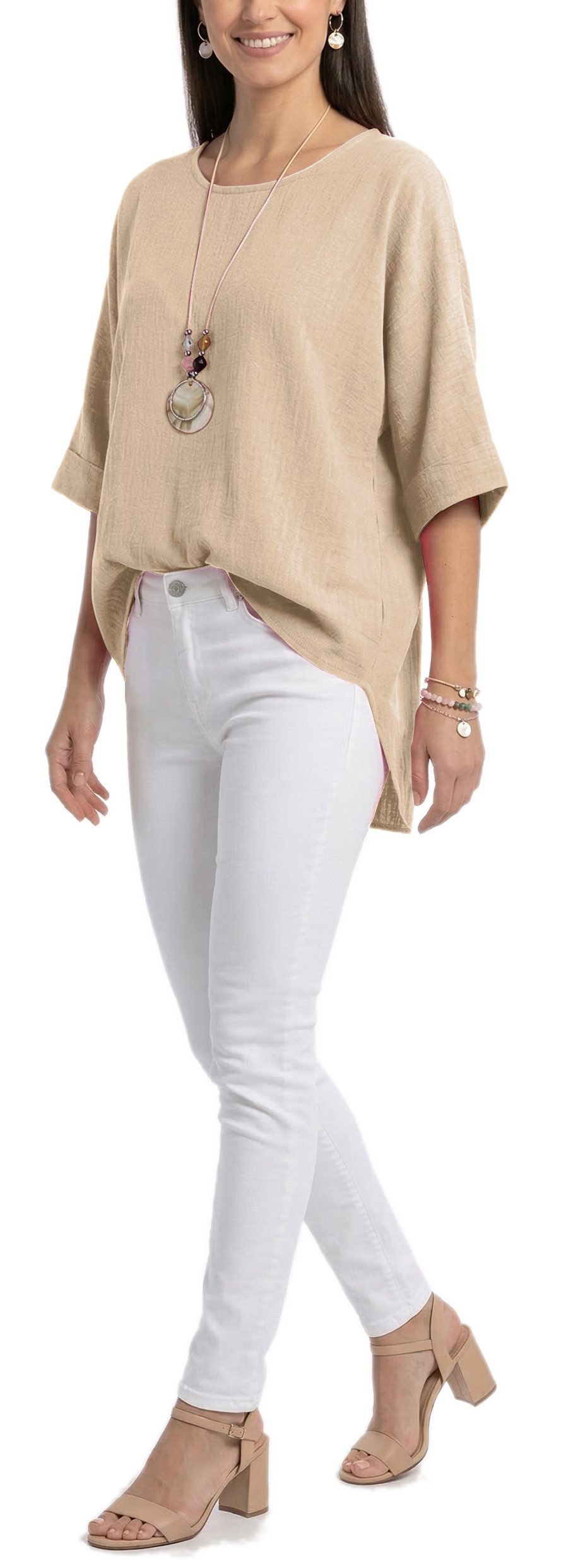 dy_mode Kurzarmbluse Damen Bluse Oversize Tunika Leichte Viskosebluse Oberteil Einfarbig in Unifarbe, High-Low Saum, mit passende Kette