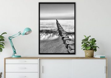 Pixxprint Leinwandbild Wellenbrecher im Meer, Wanddekoration (1 St), Leinwandbild fertig bespannt, in einem Schattenfugen-Bilderrahmen gefasst, inkl. Zackenaufhänger