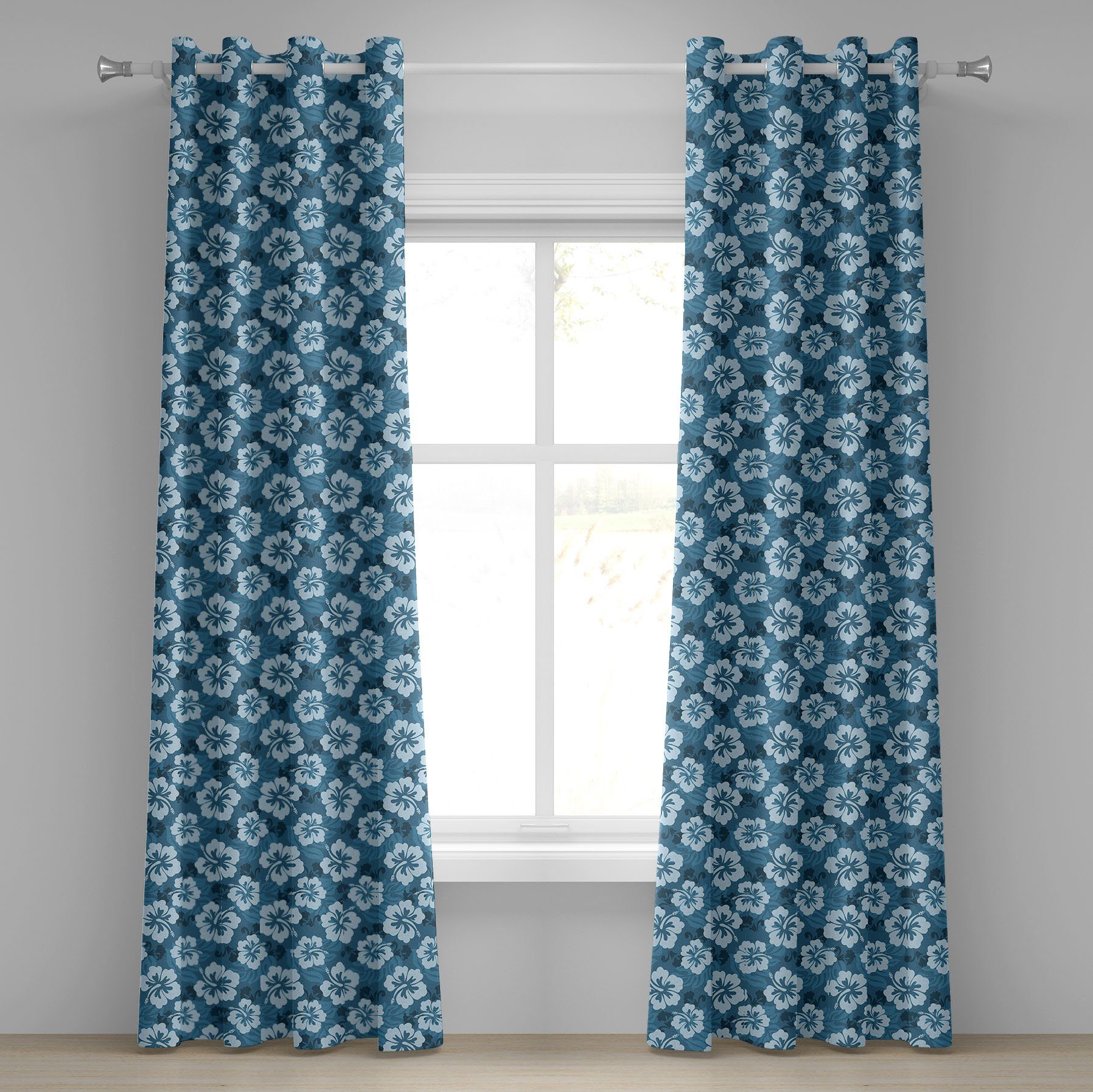 Gardine Dekorative 2-Panel-Fenstervorhänge für Schlafzimmer Wohnzimmer, Abakuhaus, Blau Exotische Hawaiian Hibiscus