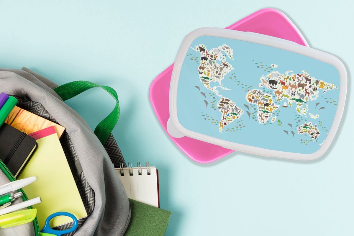 MuchoWow Lunchbox Weltkarte - Kunststoff Blau Kinder, - Kinder Snackbox, Brotdose - für Mädchen, Jungen Tiere - Brotbox Kunststoff, Erwachsene, (2-tlg), Mädchen, rosa 
