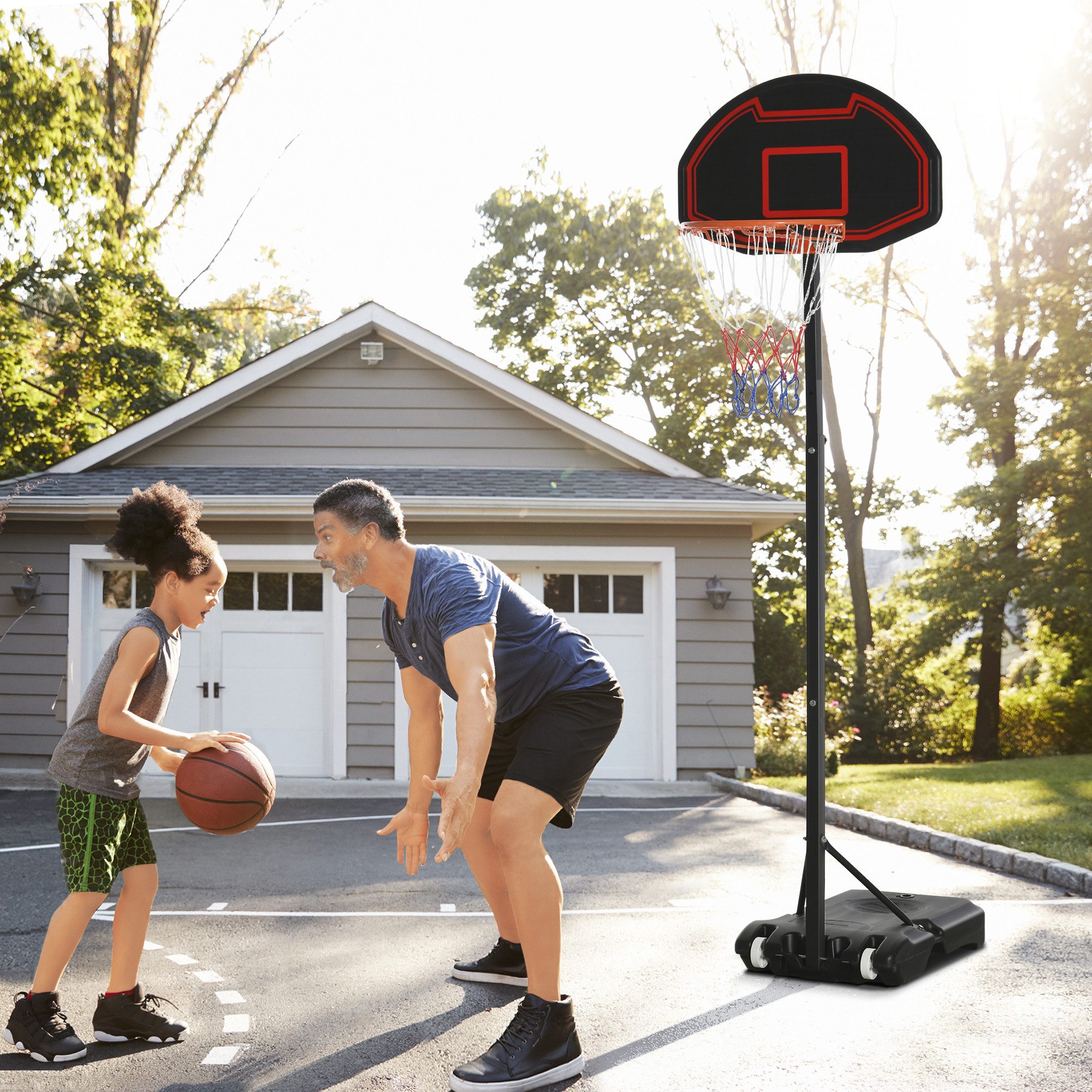 HOMCOM Basketballständer mit Rollen, Basketballkorb, höhenverstellbar, Innen/Außen (Set, 1-St., 1 x Basketball-Ständer), 73L x 49B x 195-250H cm