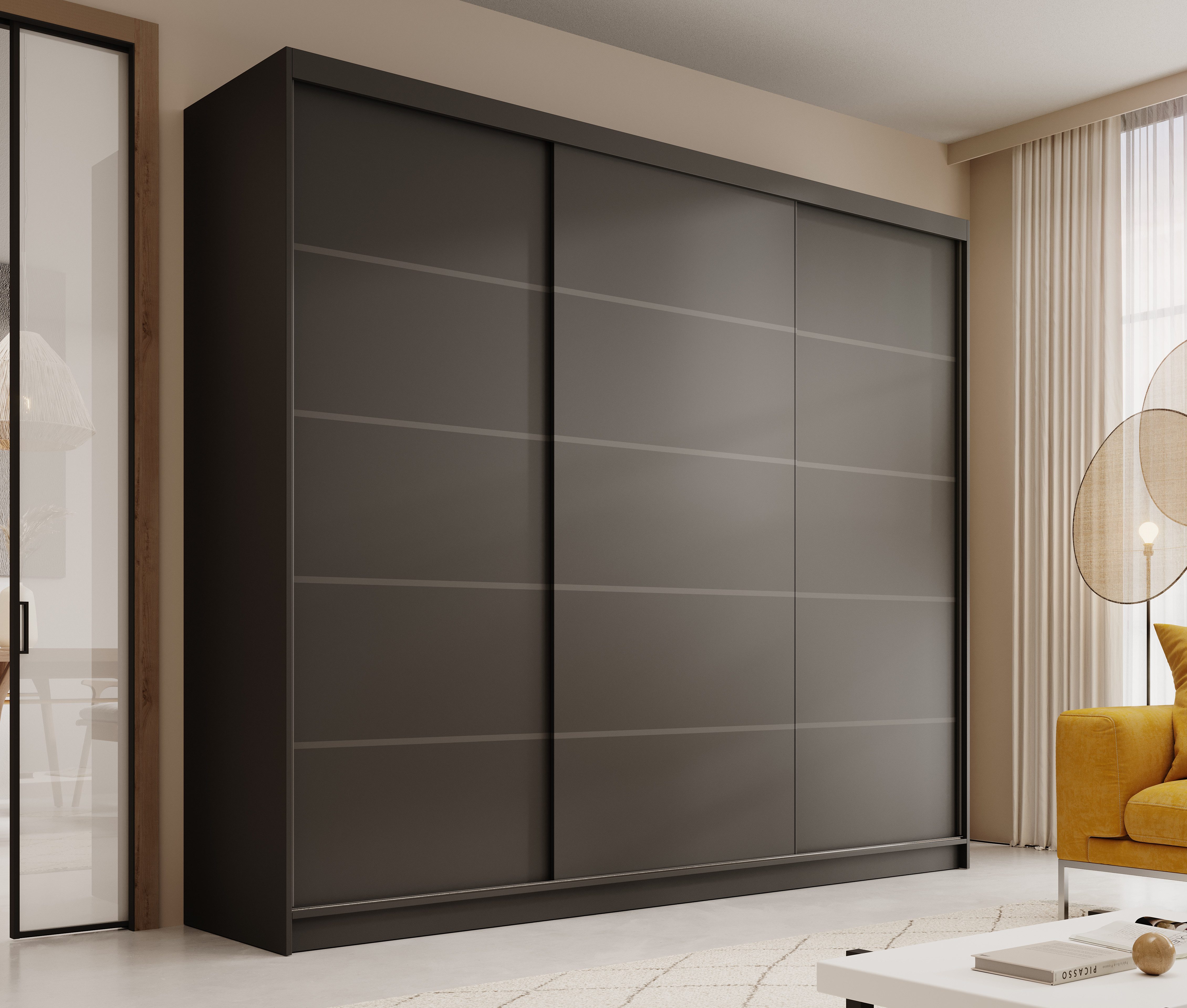 MOEBLO Schiebetürenschrank Velora 250 (Moderner Kleiderschrank mit 3 Schiebetüren, großem Stauraum, Schrank Garderobe Schiebtüren Schlafzimmer) (BxHxT): 250 x 215 x 58 cm