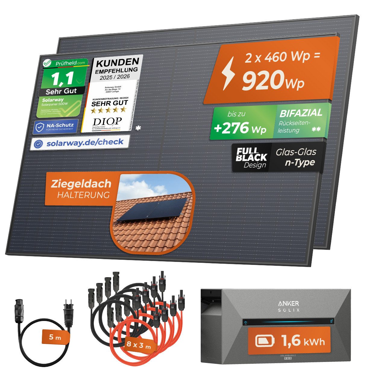 Solarway Balkonkraftwerk 920Wp / 800W All in One mit 1,6 kWh Anker 2 Pro Speicher, (460W bifaziale Solarmodule & Anker Speicher & Zubehör), komplett Steckdose S – Bild 2 von 5
