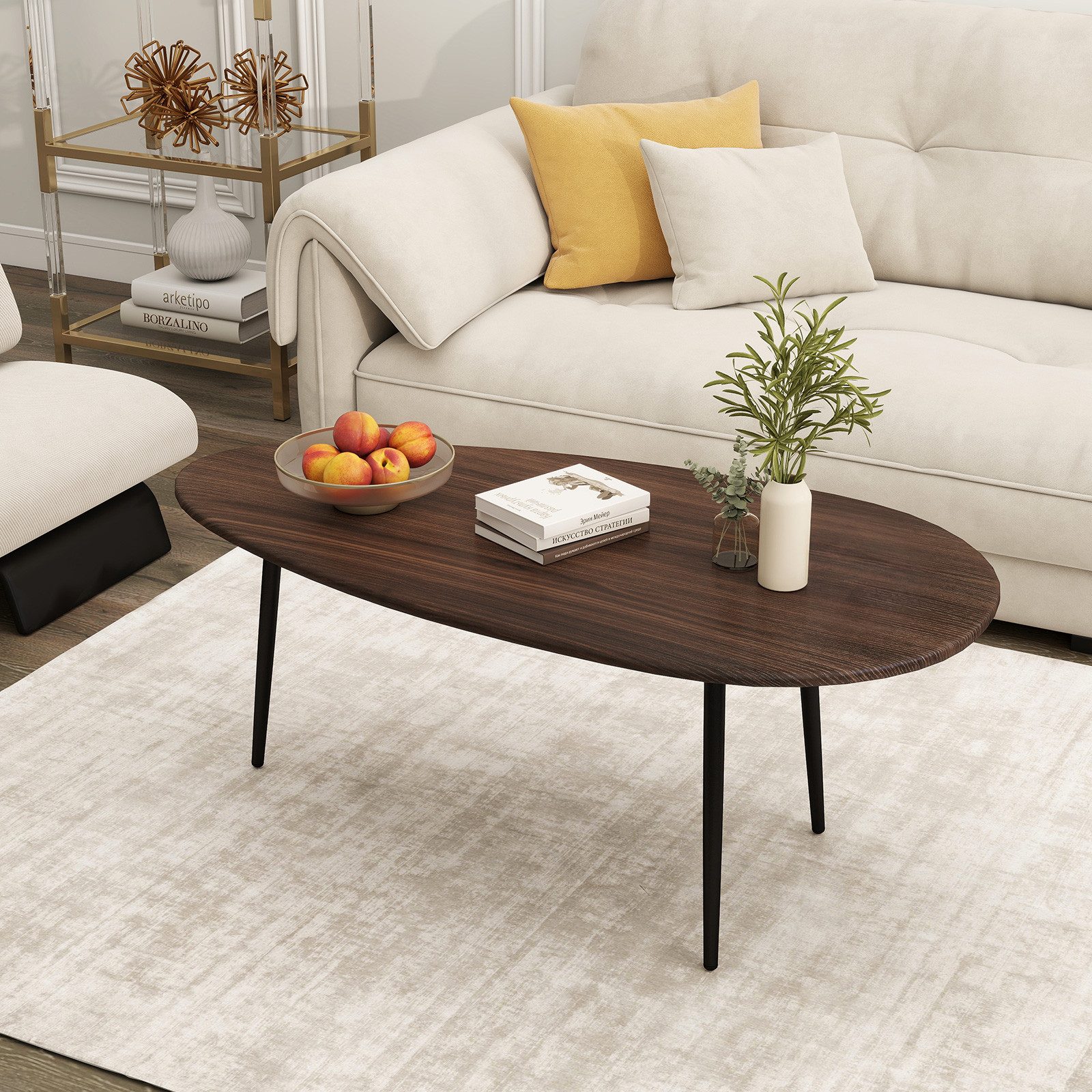 COSTWAY Couchtisch, Wohnzimmertisch oval, mit stabiler Metallkonstruktion