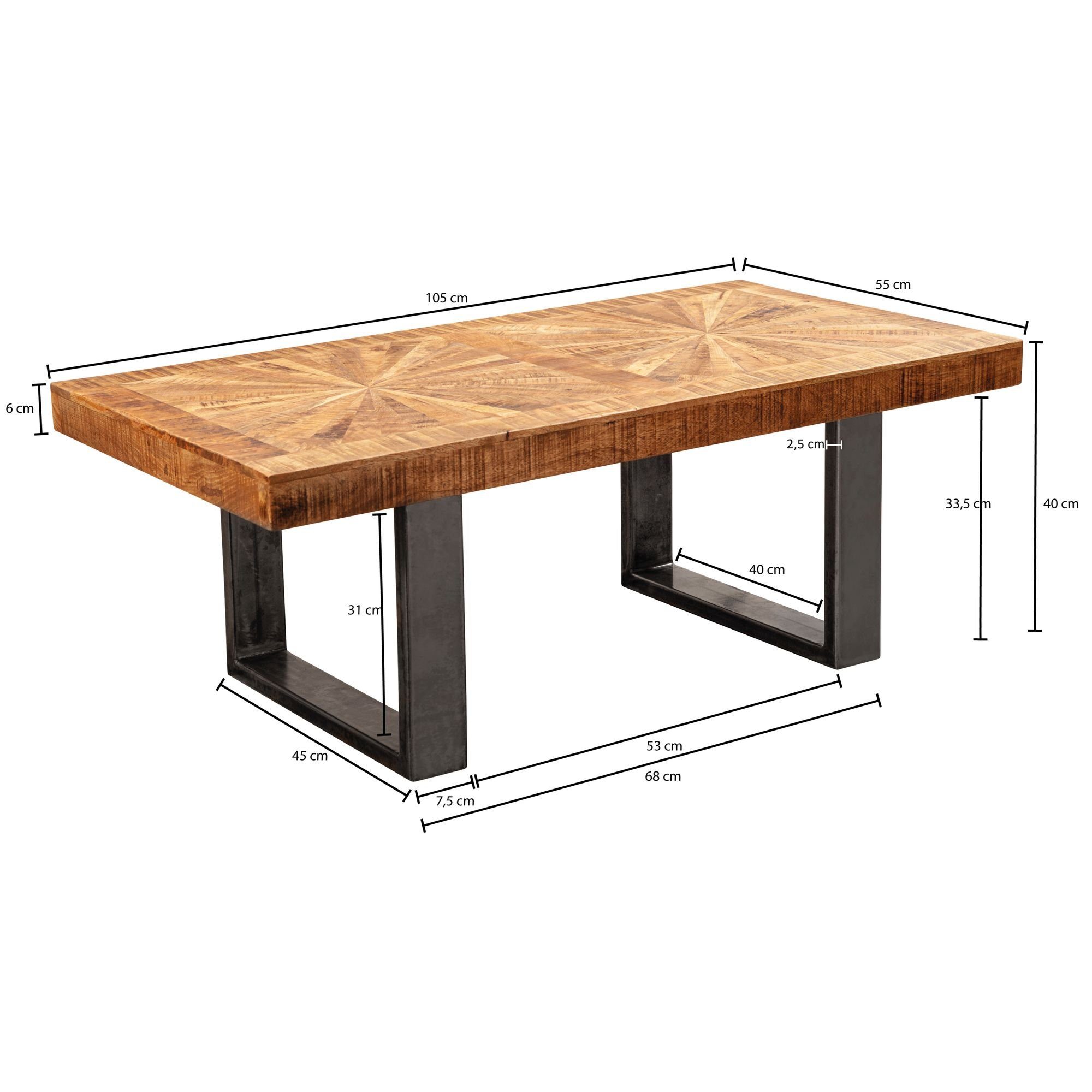 Wohnling Couchtisch WL5.950 (Mango Modern Metallgestell), Tisch Kaffeetisch 105x40x55 Wohnzimmertisch Massivholz Rechteckig, cm