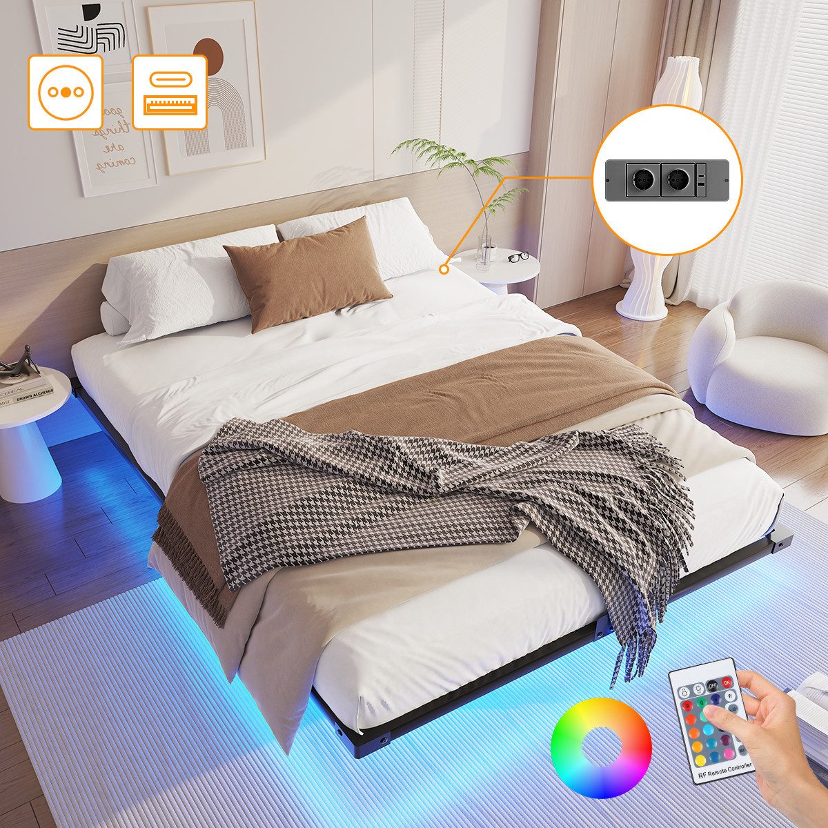 Mihtrov Metallbett LED Jugendbett mit Ladefunktion (2 AC-Steckdosen, USB + günstig online kaufen