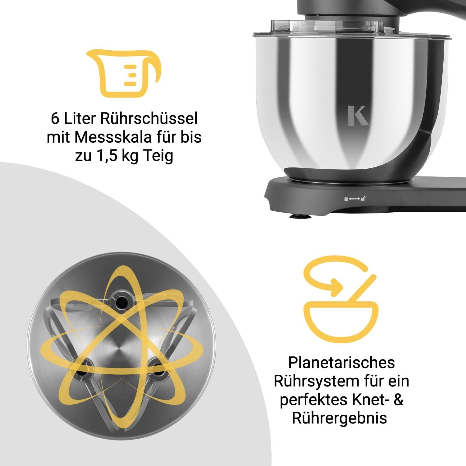 Küchenmaschine Edelstahl KLAMER Schüs… KLAMER mit Küchenmaschine 1800W, 6 Knetmaschine Liter
