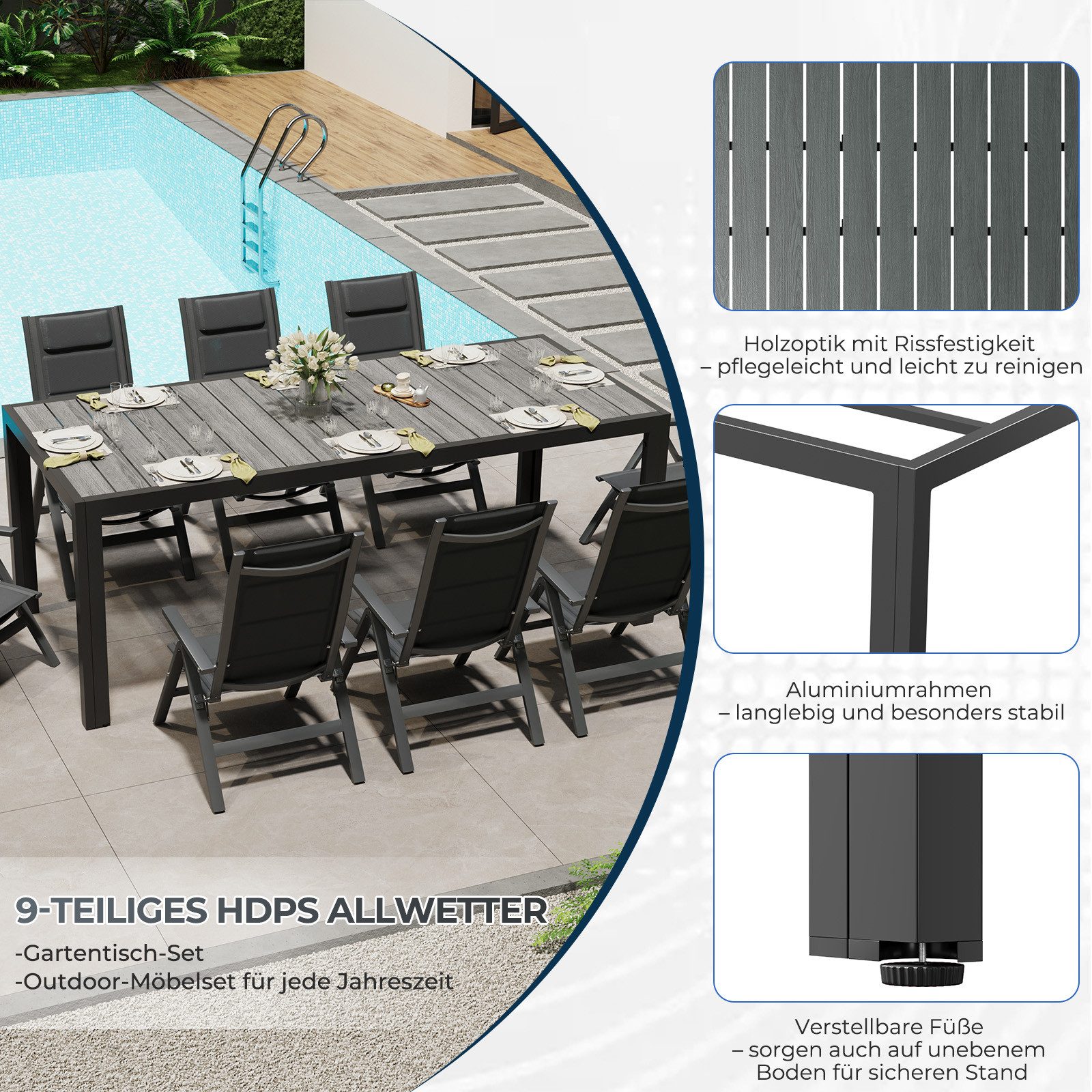 HOMALL Garten-Essgruppe Gartenmöbel Set aus klappbarer Armlehnstuhl und Aluminium Gartentisch, (9-tlg., 8 Klappstuhl (bis 160kg), 1Tisch (bis 100kg), Aluminium, Textilgewebe), Holzoptik Tisch & klappbare Stühle mit 7-fach verstellbarer Lehne