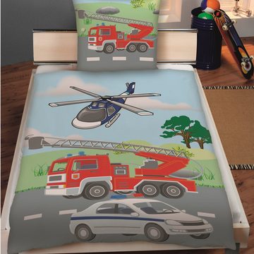 Kinderbettwäsche mit Feuerwehr & Polizei Motiv für Jungen Blau Grau 135x200 80x80 cm, Familando, Renforcé, 2 teilig, mit Wendeseite und 2. Motiv auf Kopfkissen