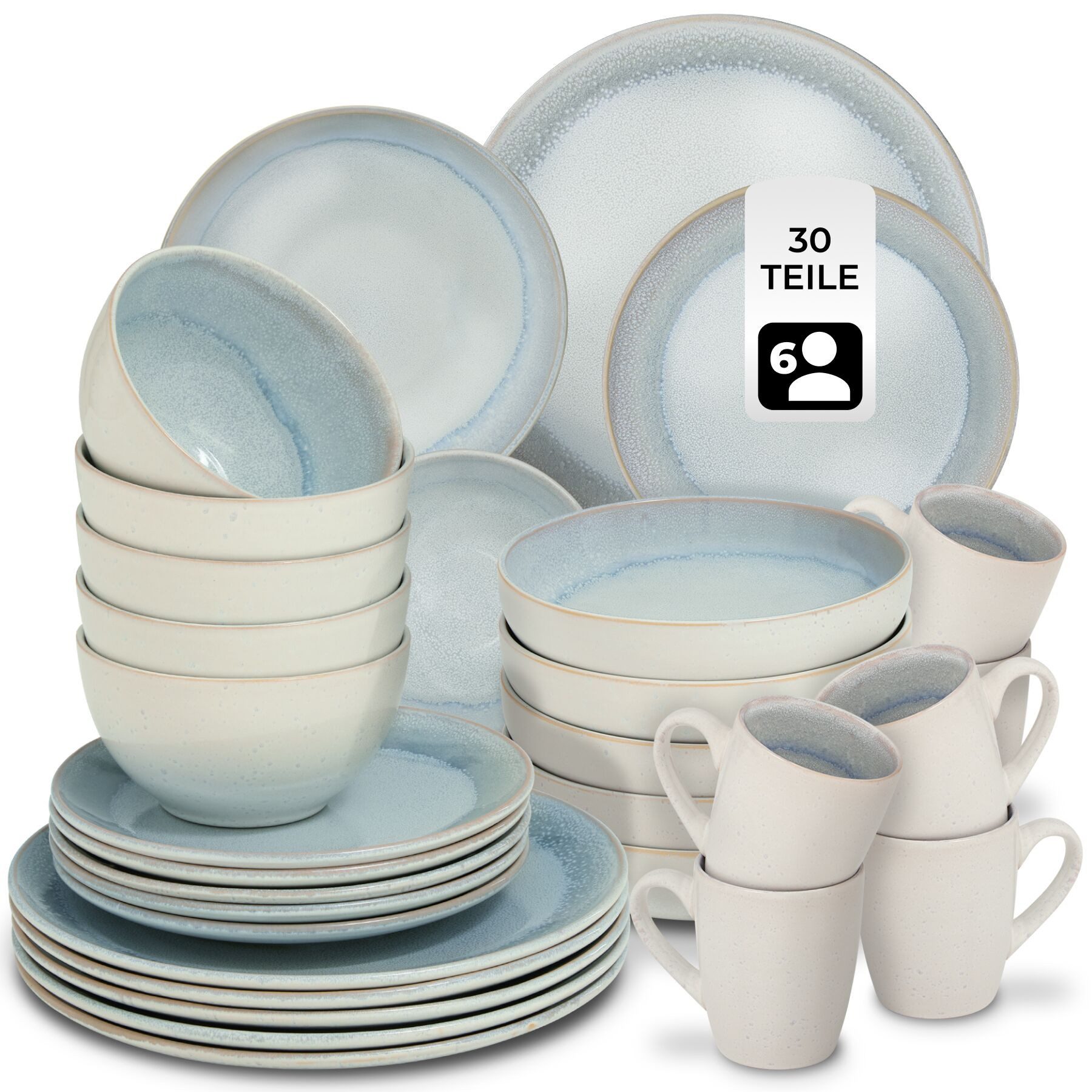 tectake Geschirr-Set Kombiservice (30-tlg), 6 Personen, Steingut, für 6 Personen, handgefertigt