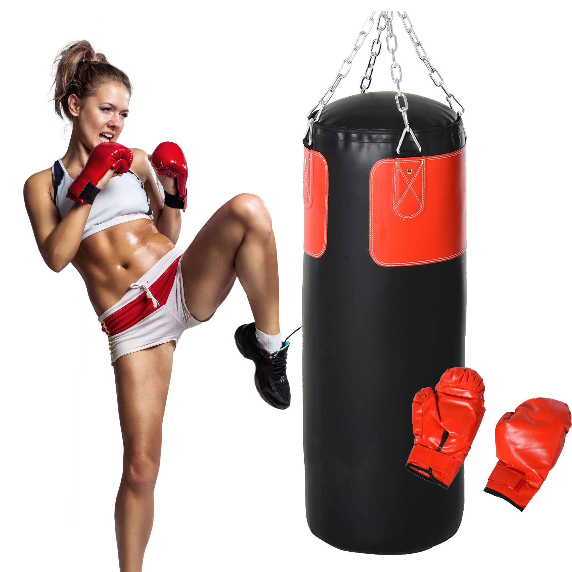 MC Star Boxsack mit Handschuhen, gefüllt, für Erwachsene & Jugendliche (schwarz-rot, Ø30x120cm, 16kg, ideal für Training & Fitness)