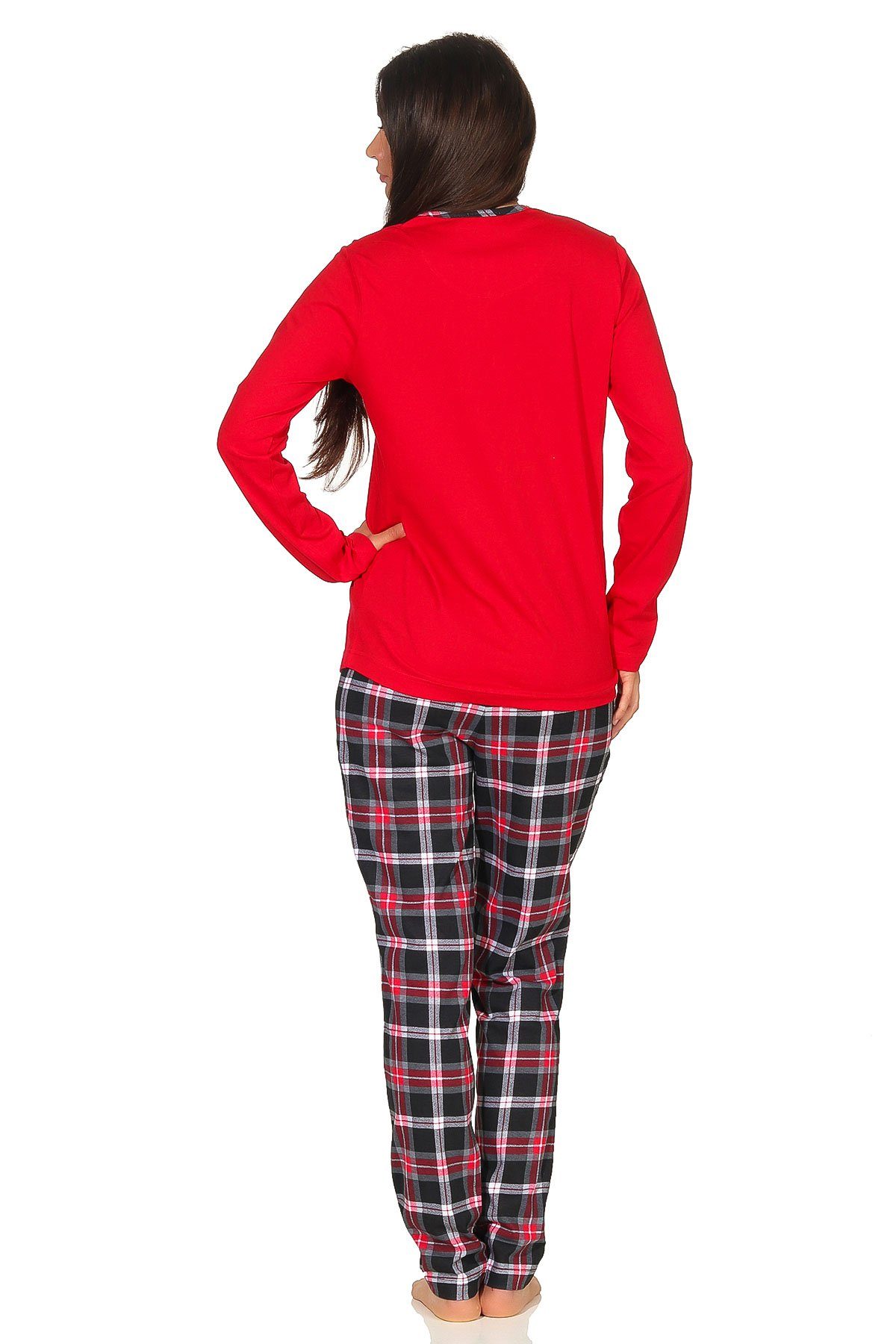 Normann Pyjama Damen - Karohose lang Pyjama und in Übergrößen mit Frontprint auch rot