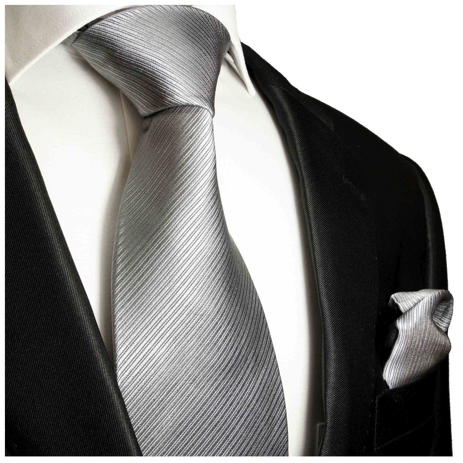 einfarbig (8cm), (Set, mit Herren Seide modern 100% 977 Paul silber Krawatte grau mit Breit 2-St., Tuch Krawatte Seidenkrawatte Malone Einstecktuch)
