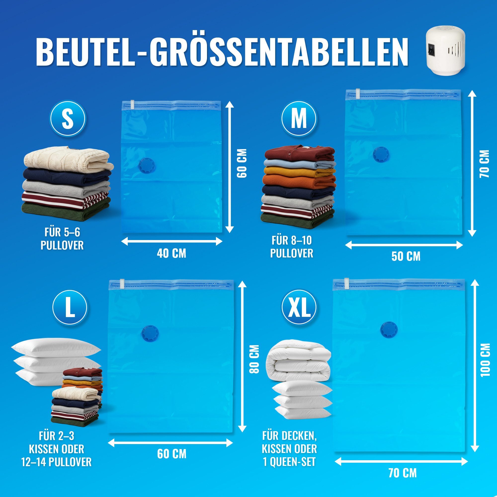 Allyson Vakuumbehälter Vakuumierbeutel für Kleidung Mit Pumpe – platzsparend & luftdicht, (Komplett-Set), 16 Stück Inkl. elektrischer Pumpe und 4 verschiedenen Beutelgrößen