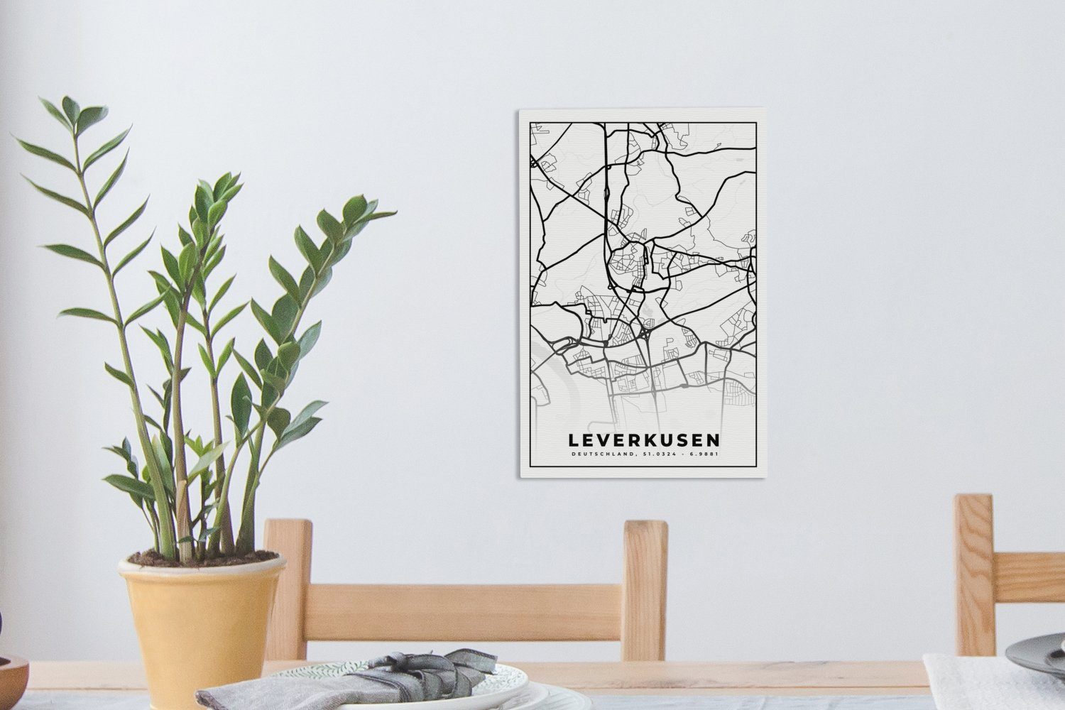 Leinwandbild - Leverkusen inkl. OneMillionCanvasses® Leinwandbild Gemälde, - (1 Karte Stadtplan, bespannt - St), 20x30 Zackenaufhänger, fertig Karte cm