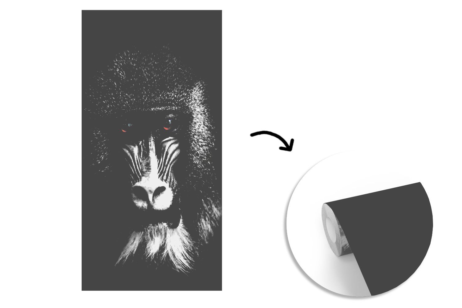 (2 und Matt, für MuchoWow Fototapete Affe Tiere Küche, Braun - Schlafzimmer Wohnzimmer St), - bedruckt, Vliestapete Augen Schwarz - weiß, - Fototapete