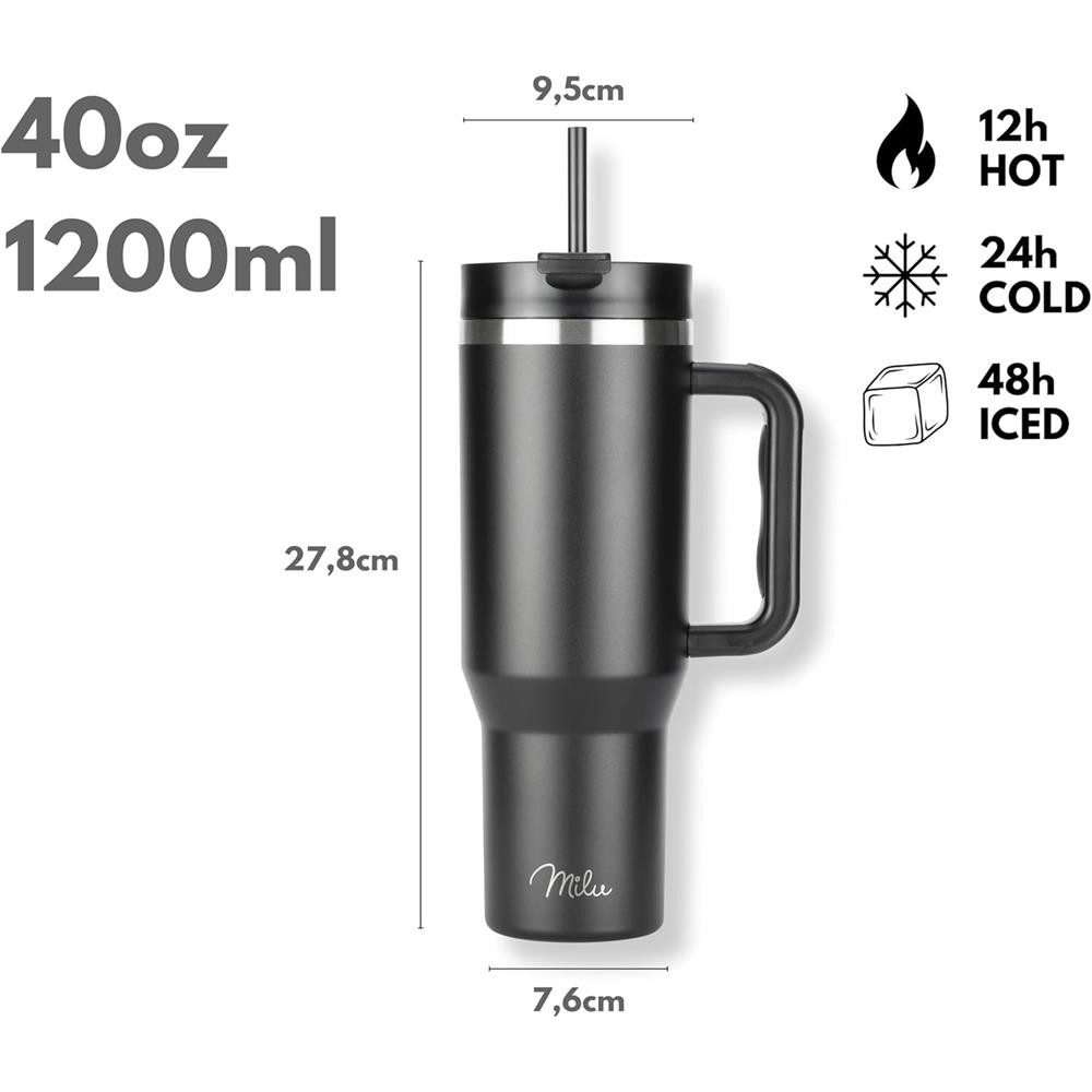 Milu Thermobecher 1,2L Tumbler Black Leopard, mit Strohhalm und Henkel, Edelstahl, Trinkflasche, 3D Design, schwarz